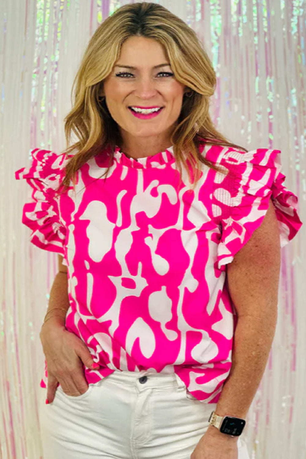 Bright Pink Printed Plus Size Ruffle Sleeve Blouse Plus Size JT's Designer Fashion