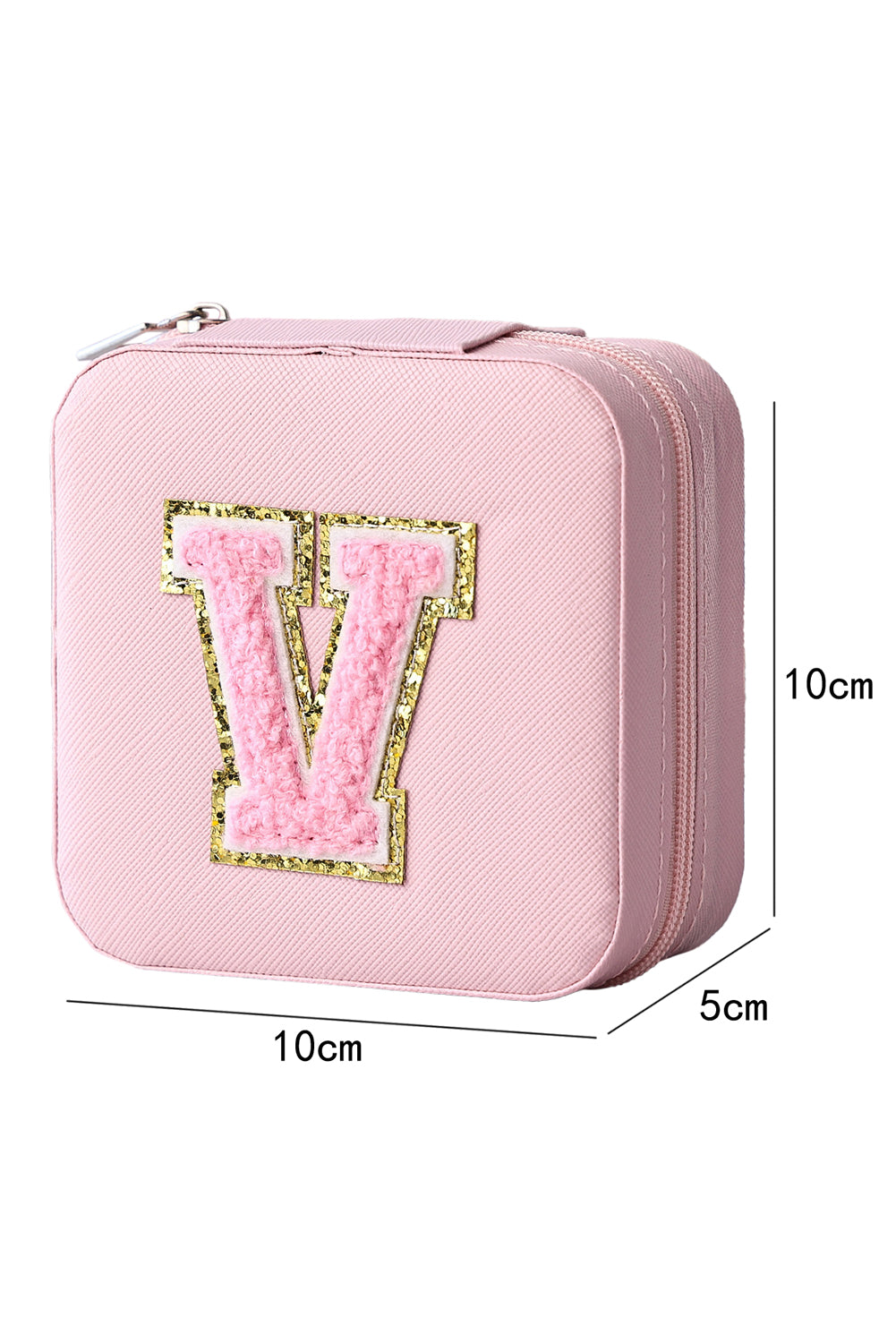 Pink Glitter Chenille V Letter Mini Square Jewery Box with Mirror Other Accessories JT's Designer Fashion