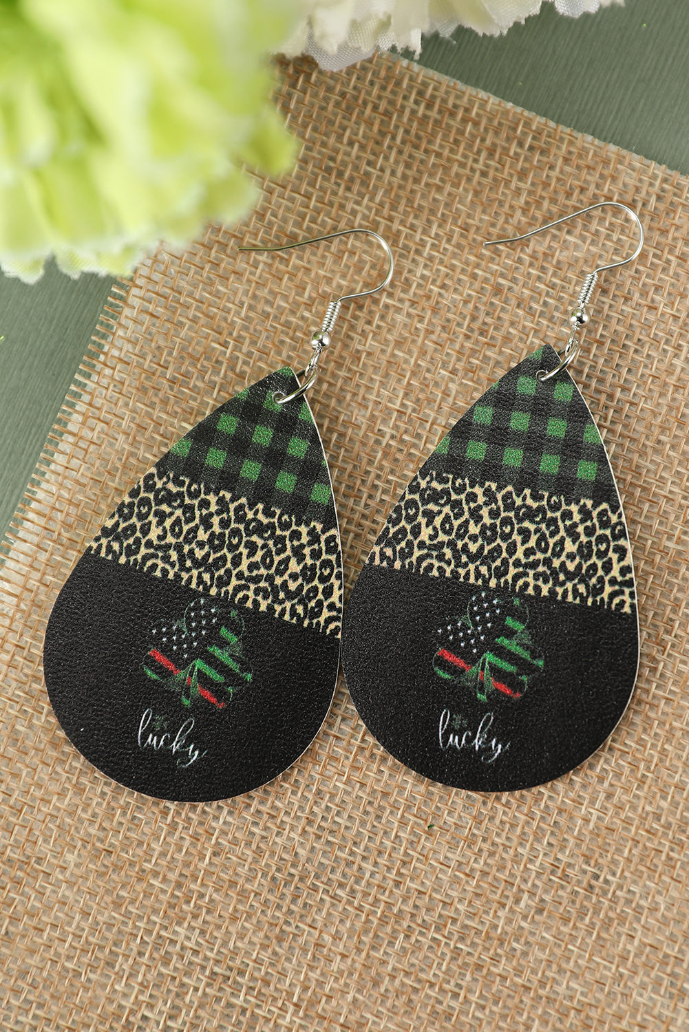 Black Plaid Leopard Lucky Clover Print Earrings Jewelry JT's Designer Fashion