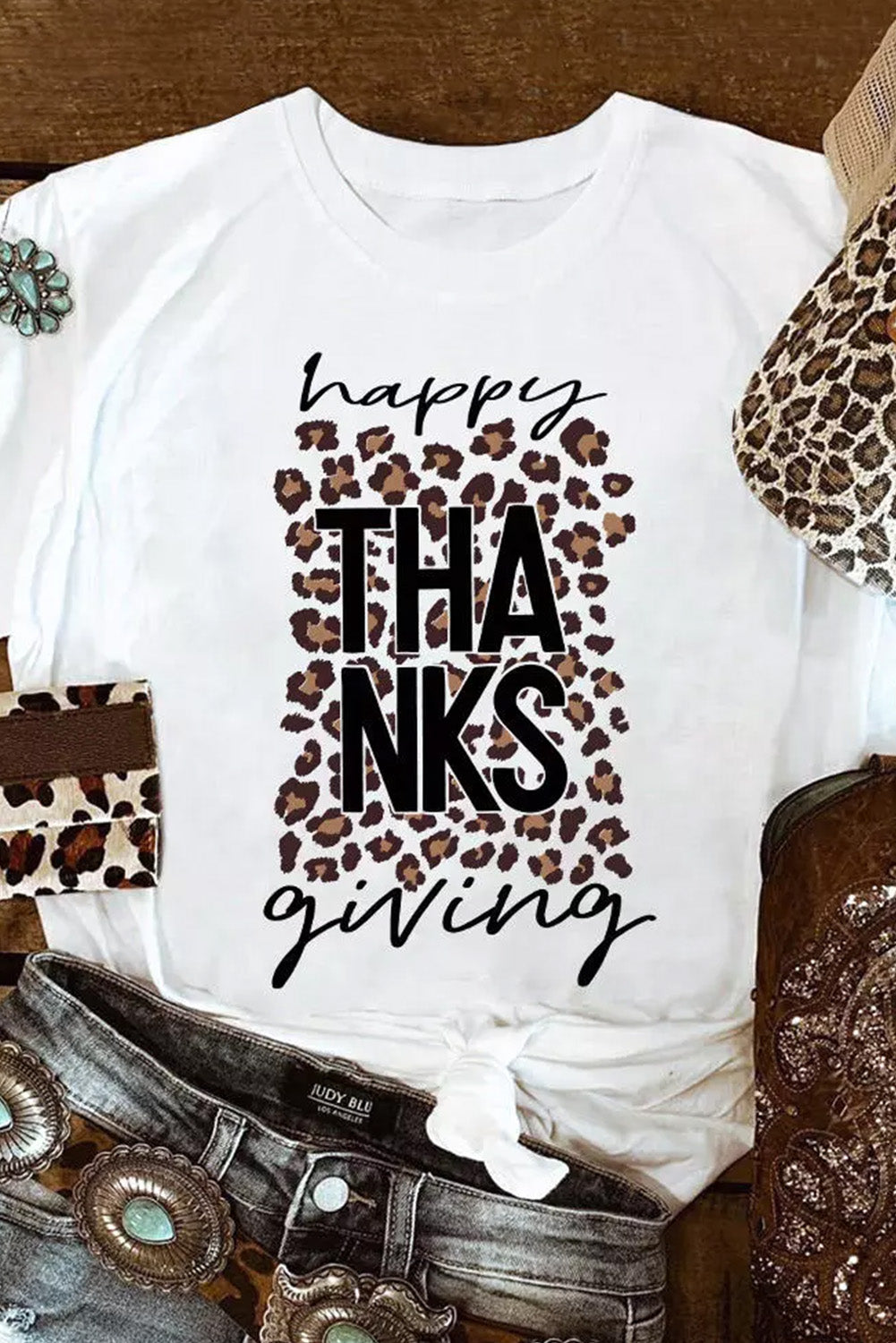 White Happy THANKS Giving Leopard Print Graphic T Shirt Graphic Tees JT's Designer Fashion