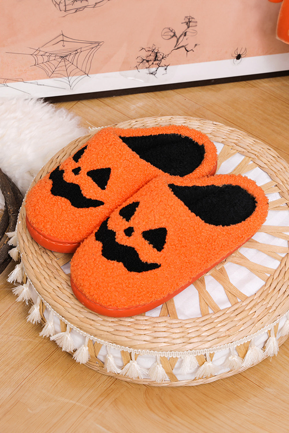 Orange Halloween Pumpkin Face Graphic Plush Slippers Slippers JT's Designer Fashion