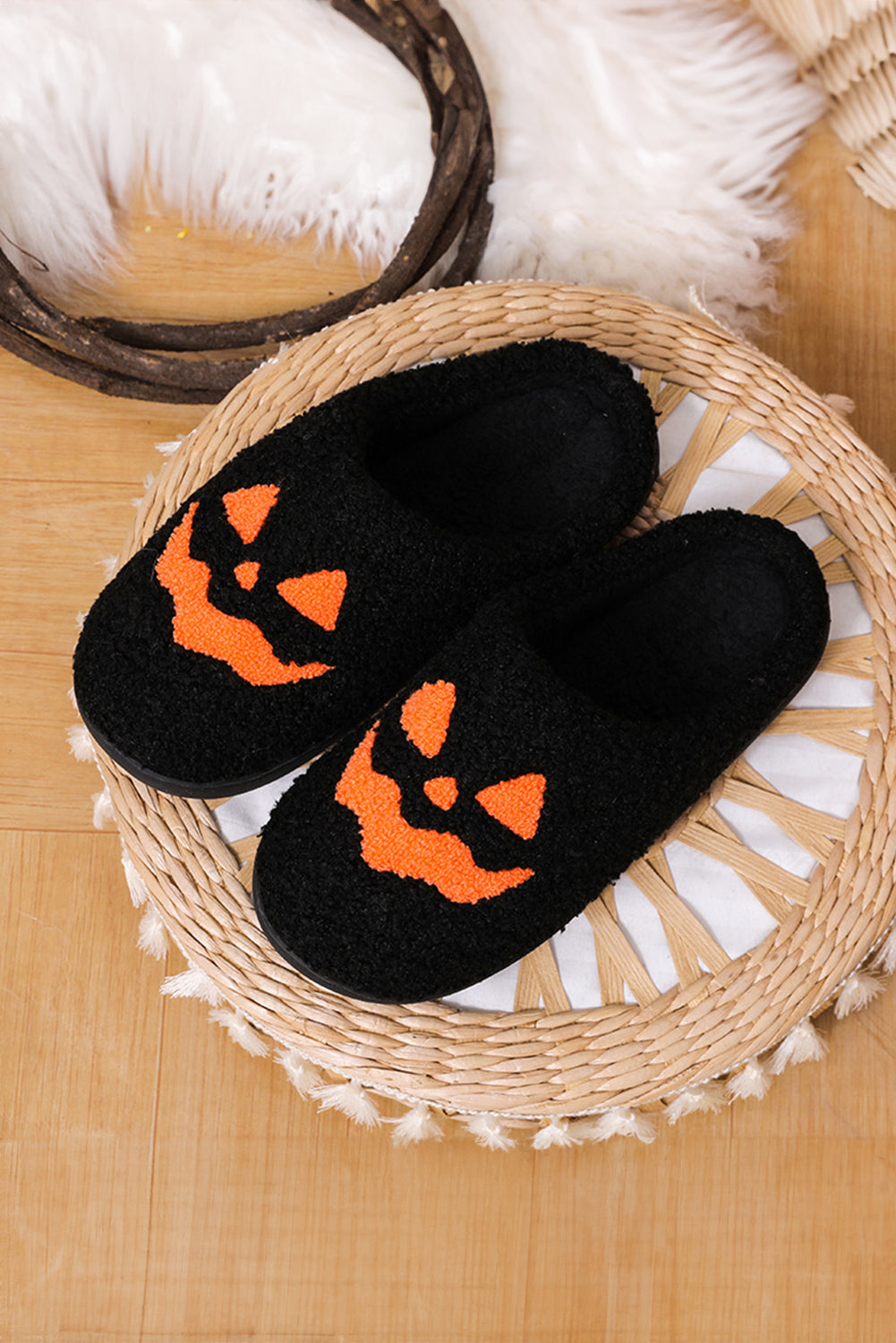 Black Halloween Pumpkin Face Graphic Plush Slippers Slippers JT's Designer Fashion