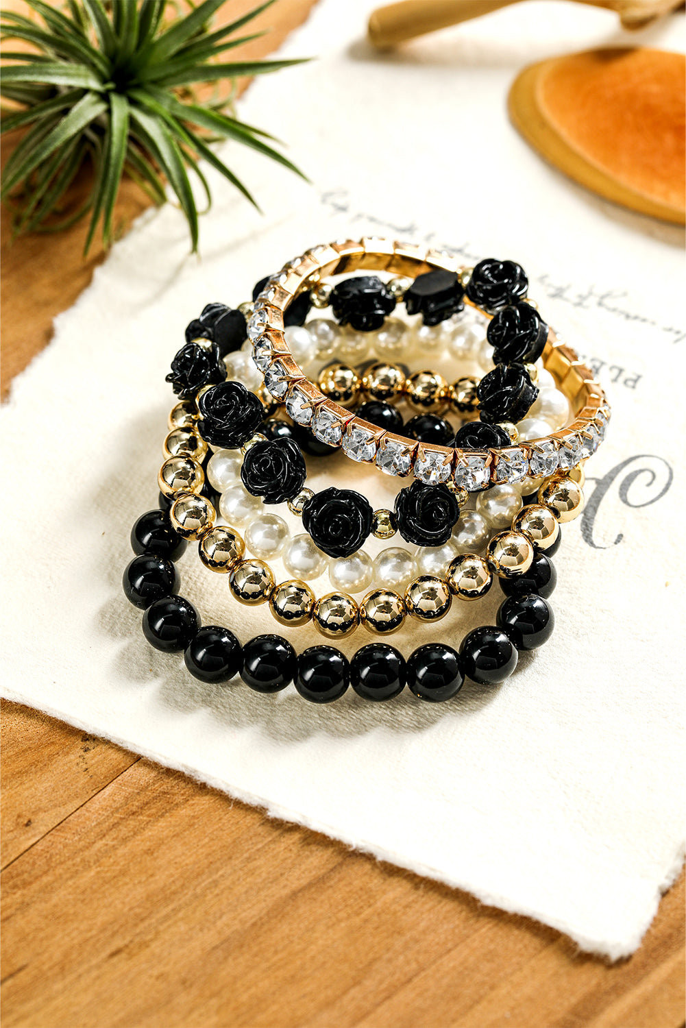 Black Flower Rhinestone Beaded Multi Layer Bracelet Set Jewelry JT's Designer Fashion