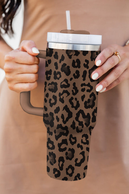 Coffee Leopard Print Handle Stainless Steel Large Vacuum Cup 40oz Tumblers JT's Designer Fashion