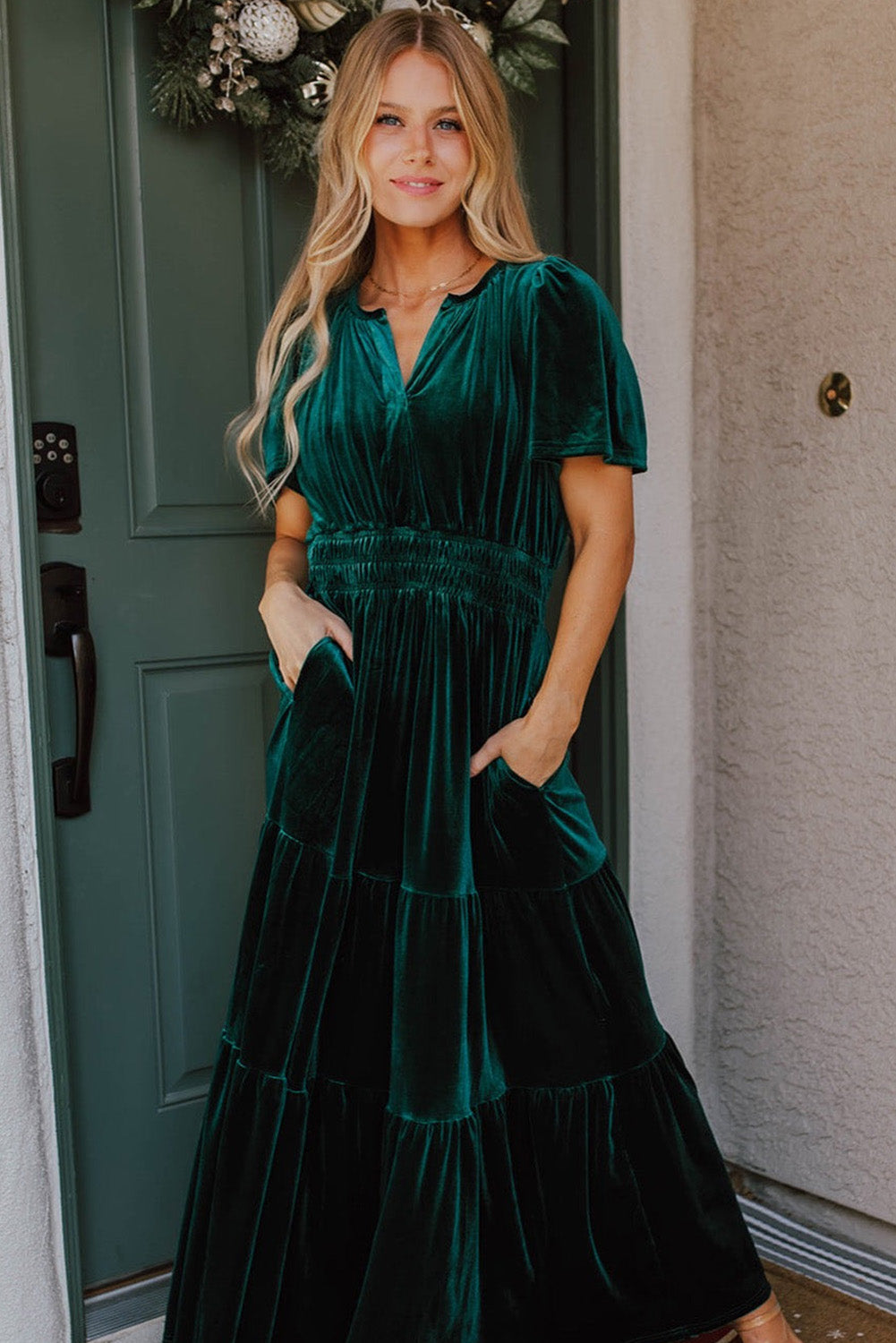 Evergreen Velvet Short Sleeve Shirred Waist Tiered Maxi Dress Maxi Dresses JT's Designer Fashion