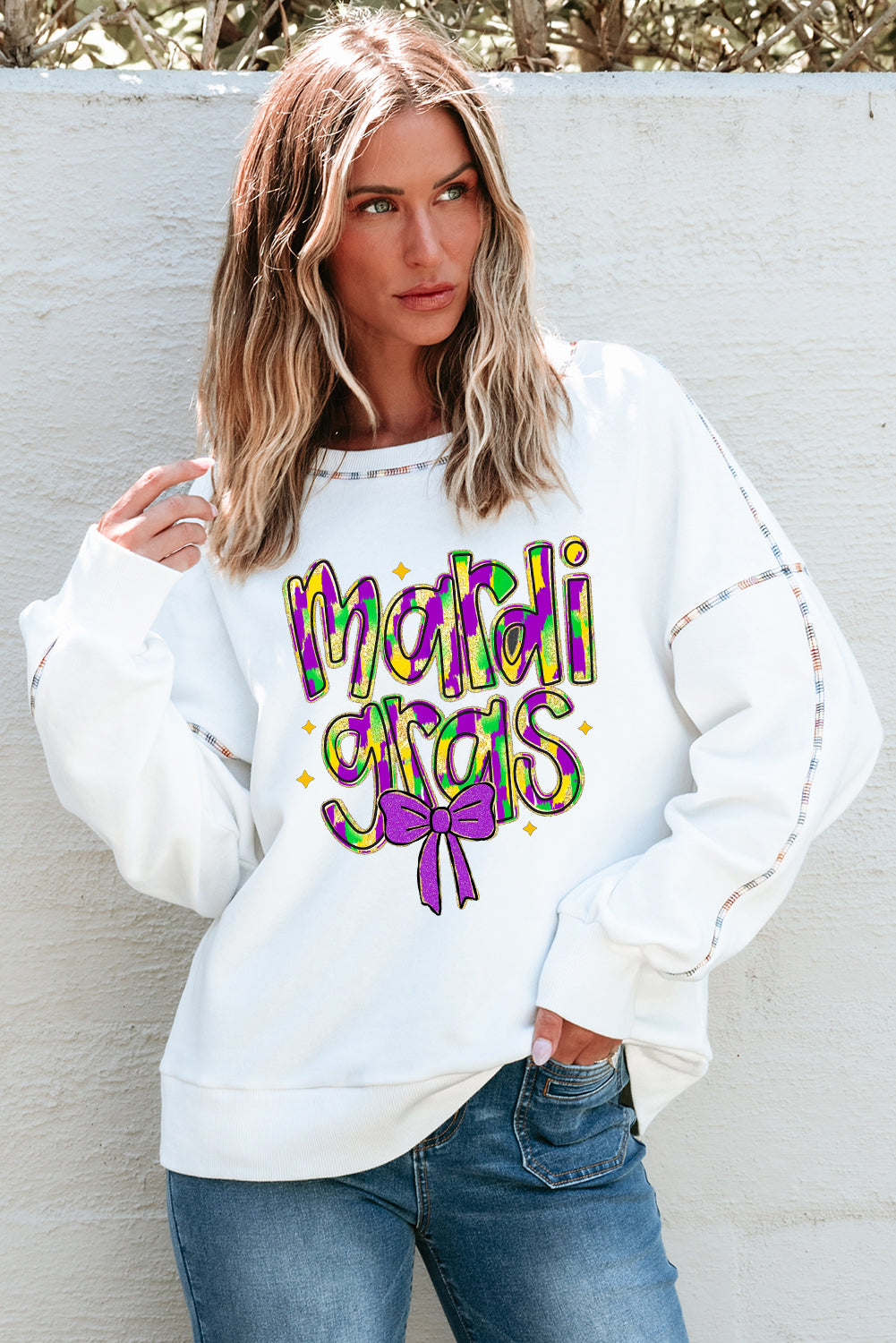 White mardi gras Bowknot Printed Contrast Trim Drop Shoulder Sweatshirt Graphic Sweatshirts JT's Designer Fashion