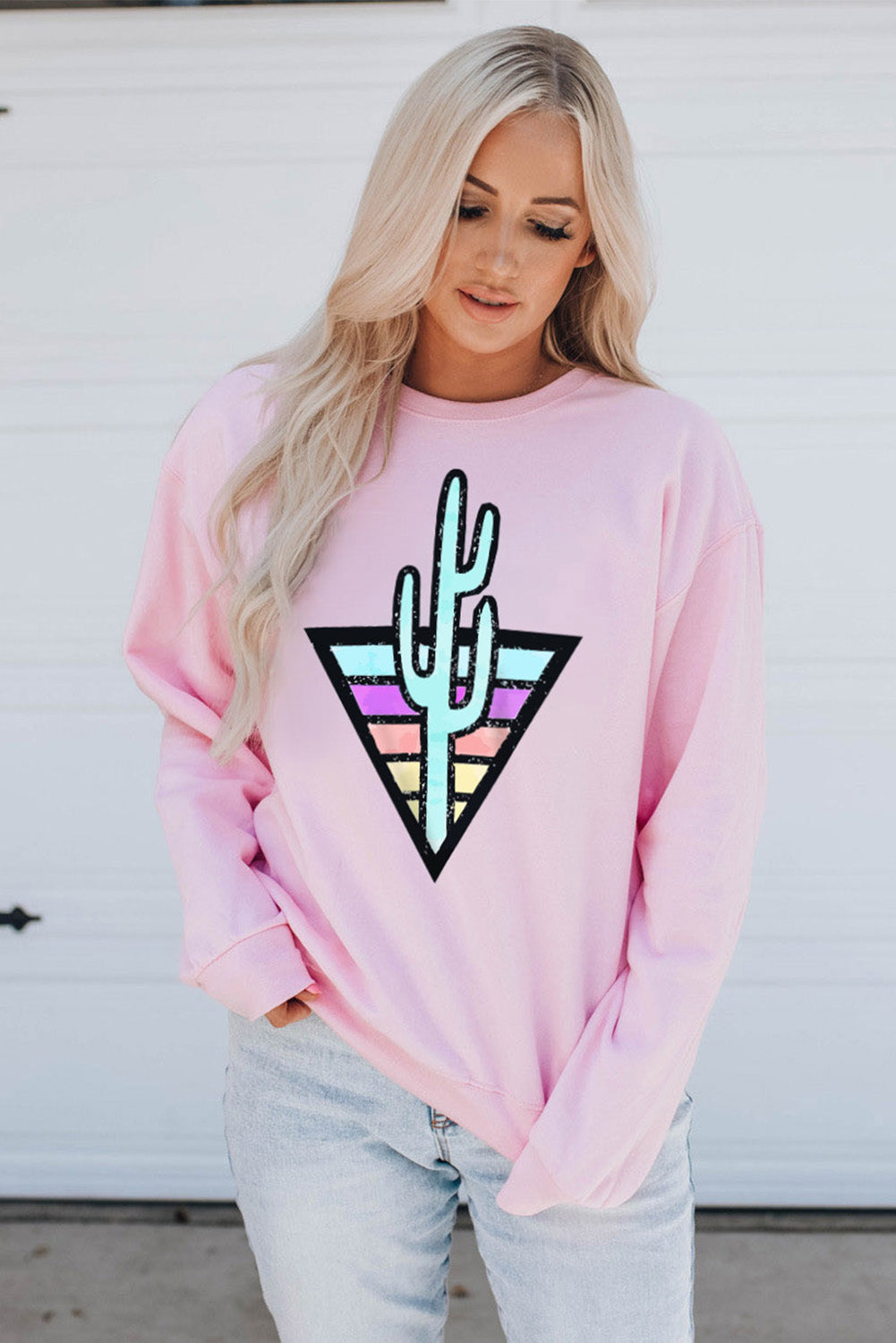 Pink Western Cactus Color Block Pullover Sweatshirt Graphic Sweatshirts JT's Designer Fashion