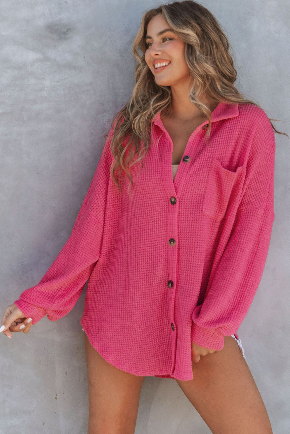 Pink Waffle Knit Button Up Casual Shirt Blouses & Shirts JT's Designer Fashion