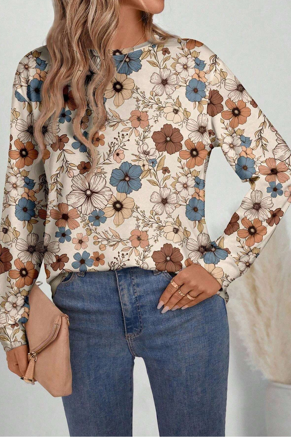 Khaki Floral Print Loose Crew Neck Long Sleeve T Shirt Long Sleeve Tops JT's Designer Fashion