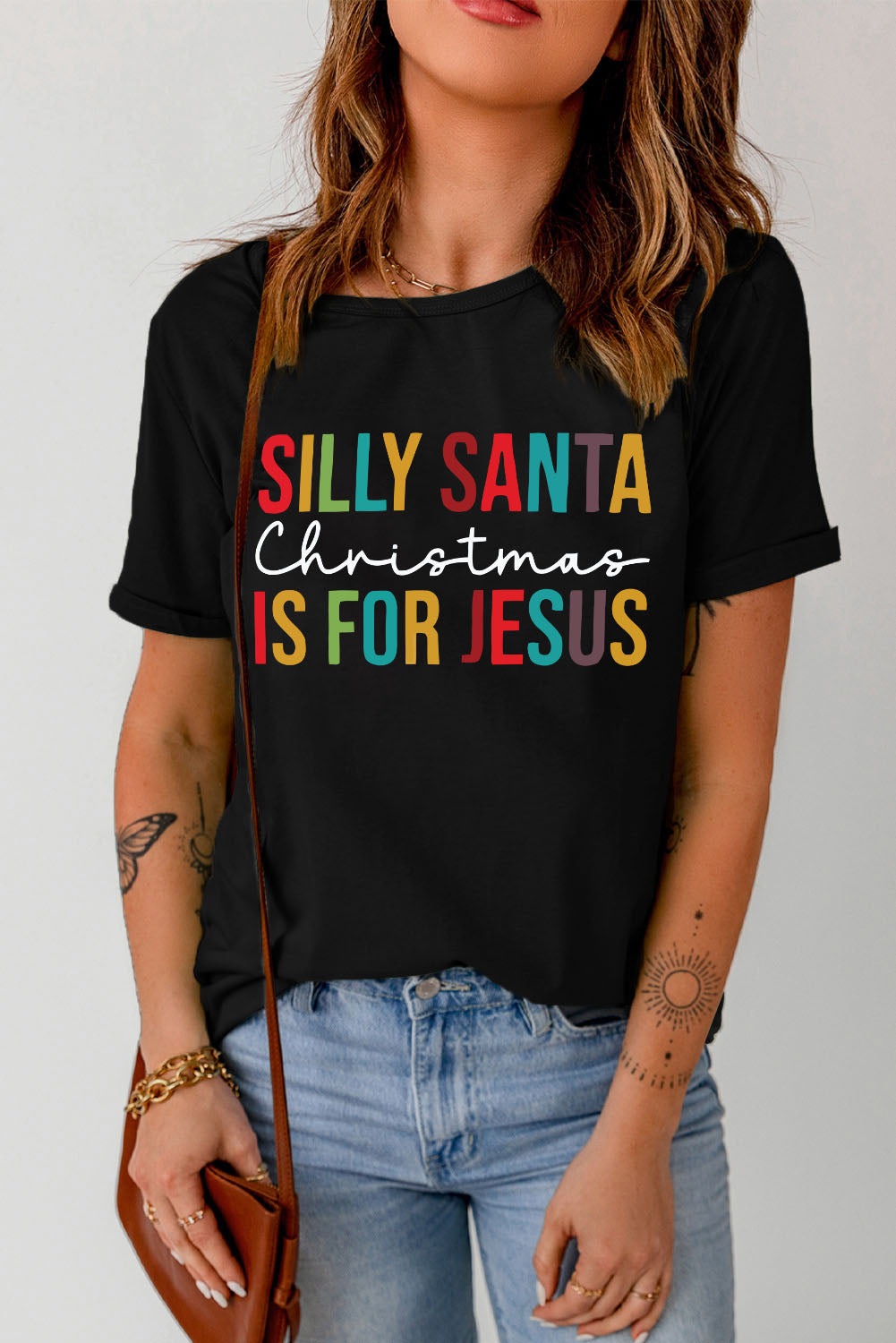 Black Silly Santa Christmas is For Jesus Graphic T Shirt Graphic Tees JT's Designer Fashion