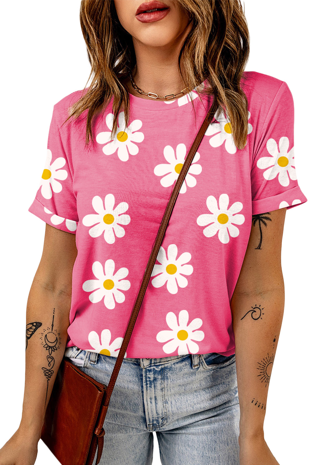 Pink Daisy Printed Crewneck T Shirt Tops & Tees JT's Designer Fashion