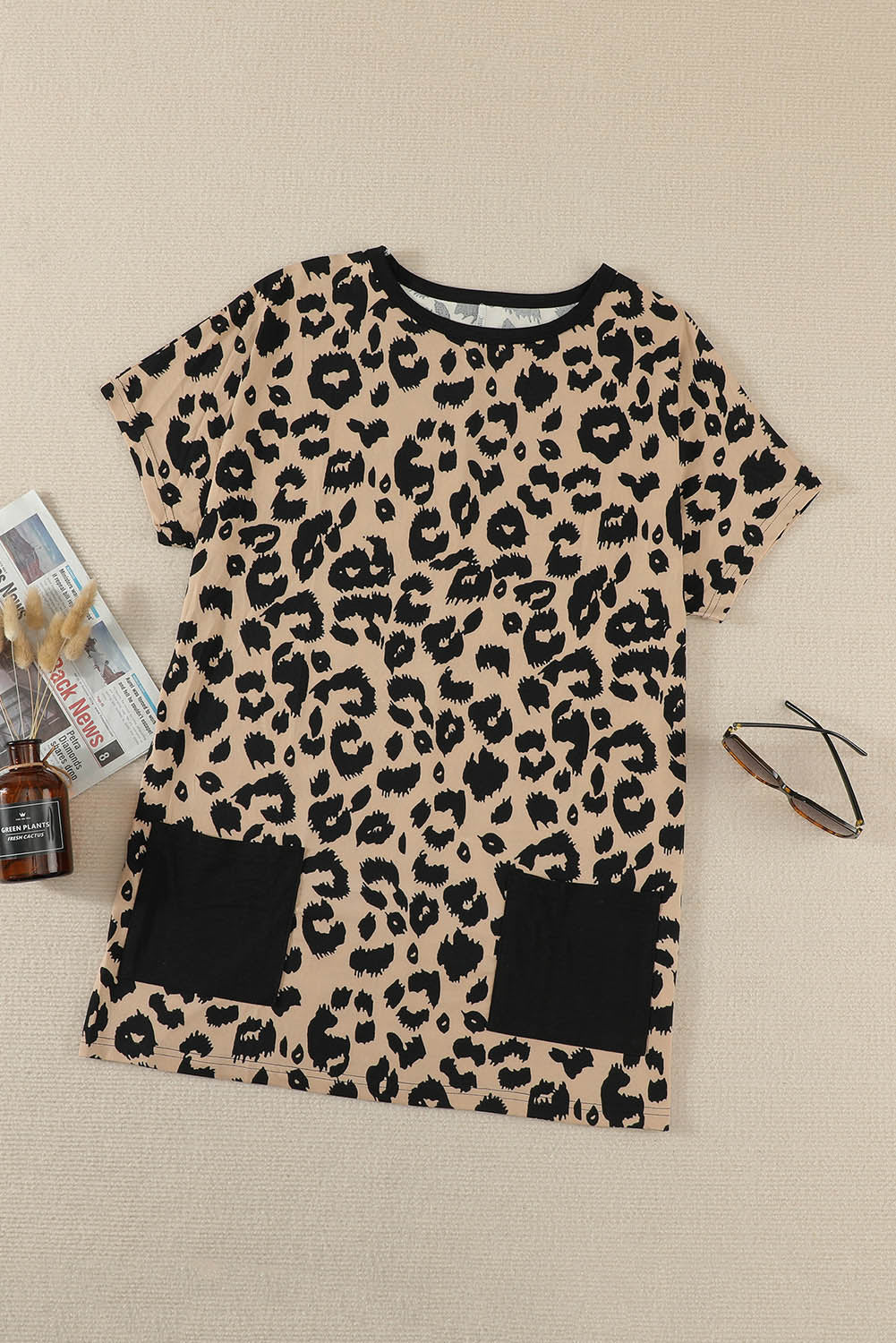 Leopard Print Pocketed T-shirt Mini Dress T Shirt Dresses JT's Designer Fashion