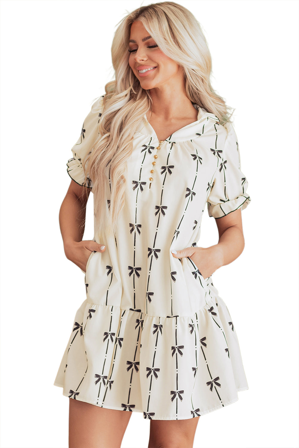 Beige Cute Bowknot Printed Bubble Sleeve V Neck Mini Dress Mini Dresses JT's Designer Fashion