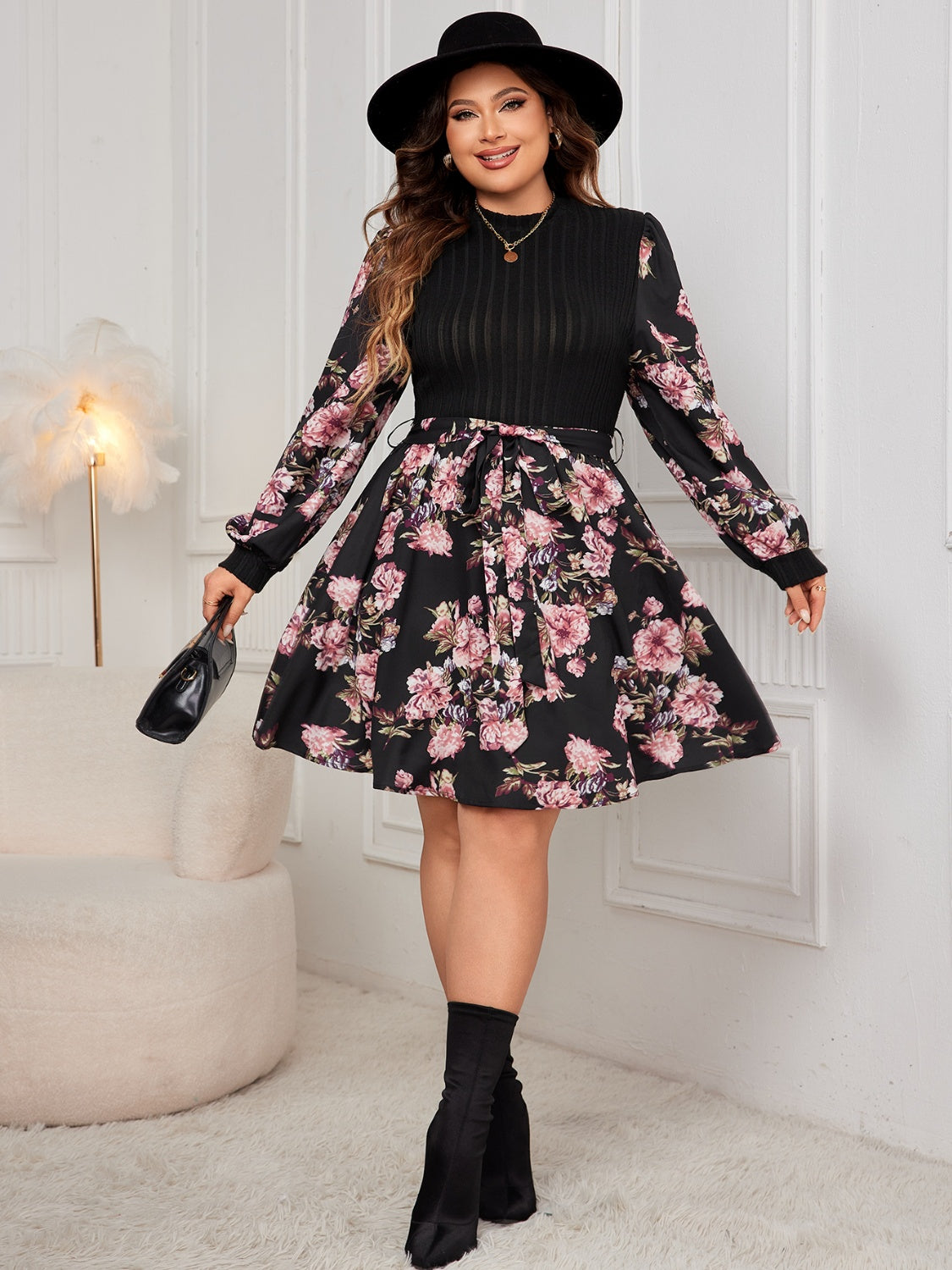 Plus Size Tied Printed Long Sleeve Dress Mini Dresses JT's Designer Fashion