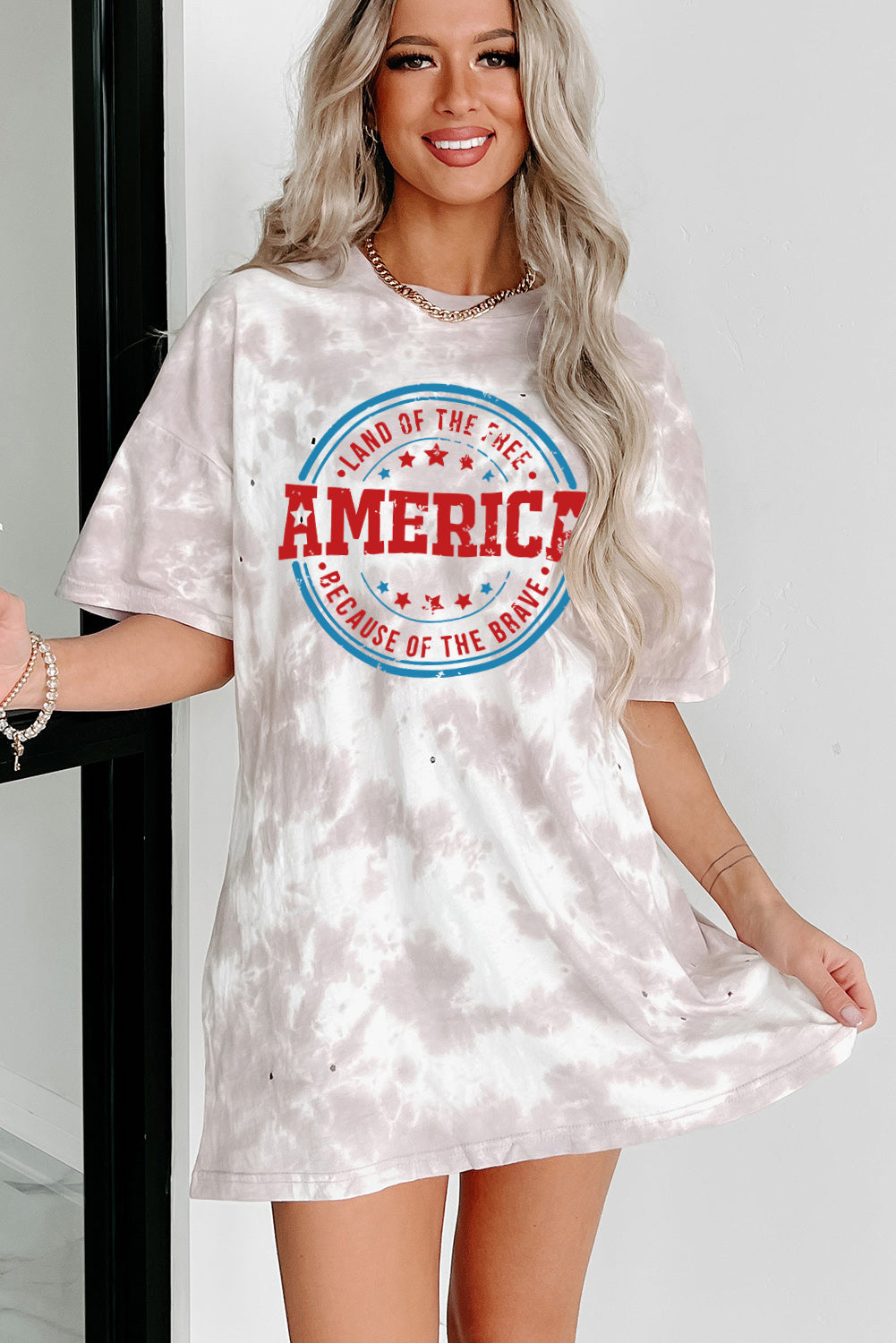 White Oversized Tie-dye AMERICA Graphic T-shirt with Distressing Graphic Tees JT's Designer Fashion