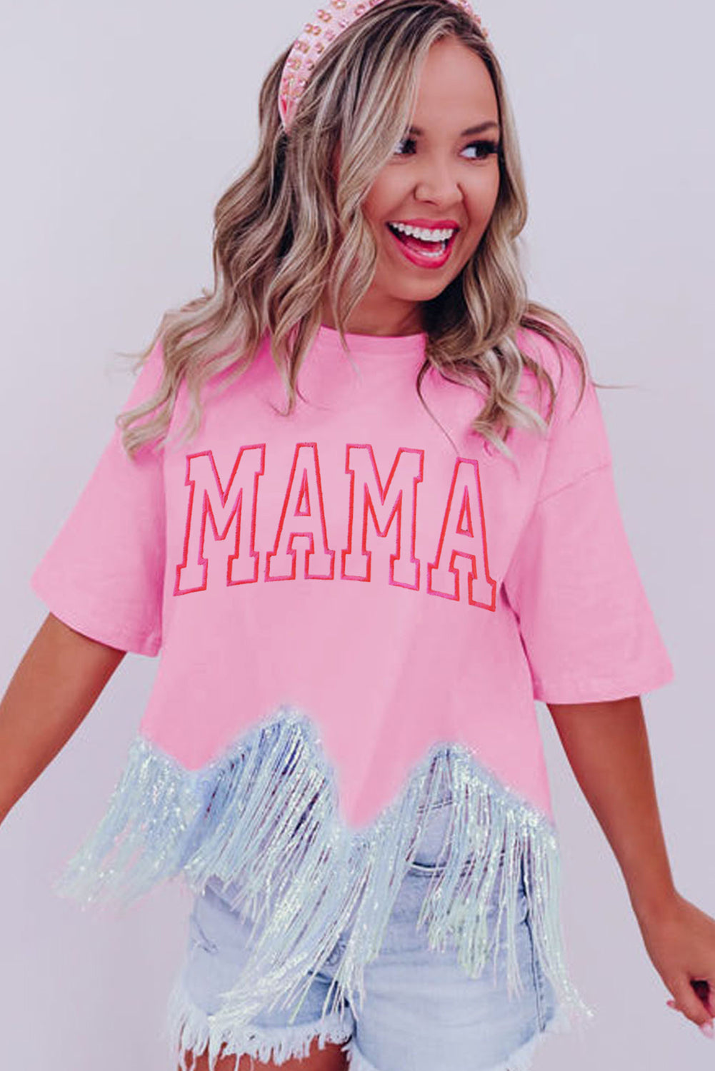 Pink MAMA Embroidered Sequin Tassel Patchwork T Shirt Graphic Tees JT's Designer Fashion