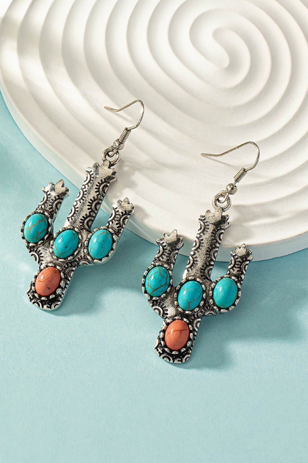 Light Blue Western Turquoise Decor Cactus Drop Earrings Jewelry JT's Designer Fashion