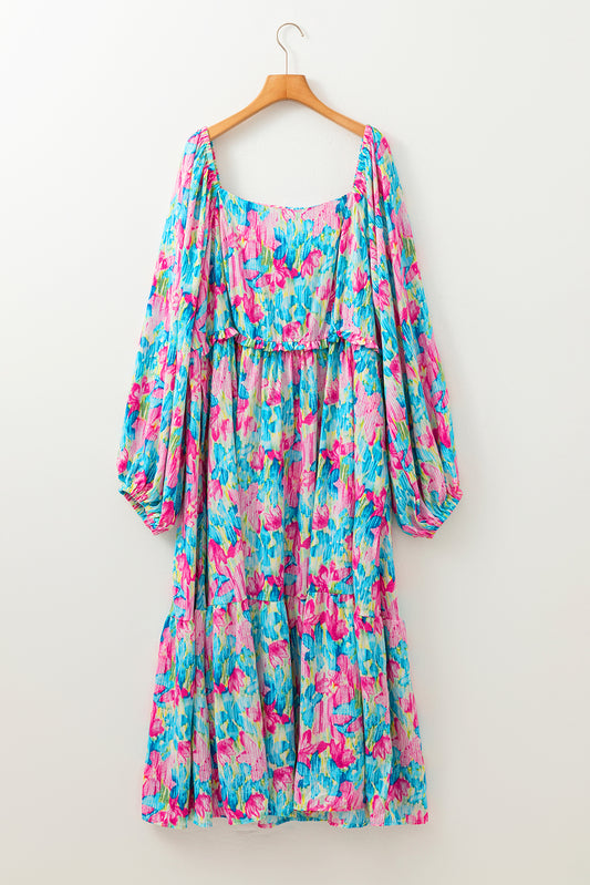 Sky Blue Floral Allover Print Shirred Square Neck Plus Size Maxi Dress Plus Size Maxi Dresses JT's Designer Fashion