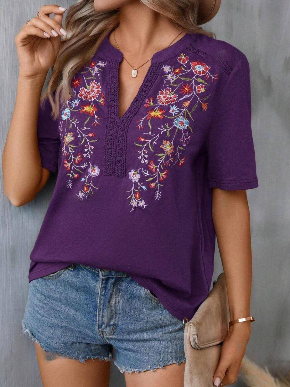 Embroidered Notched Short Sleeve T-Shirt Blouses & Shirts JT's Designer Fashion