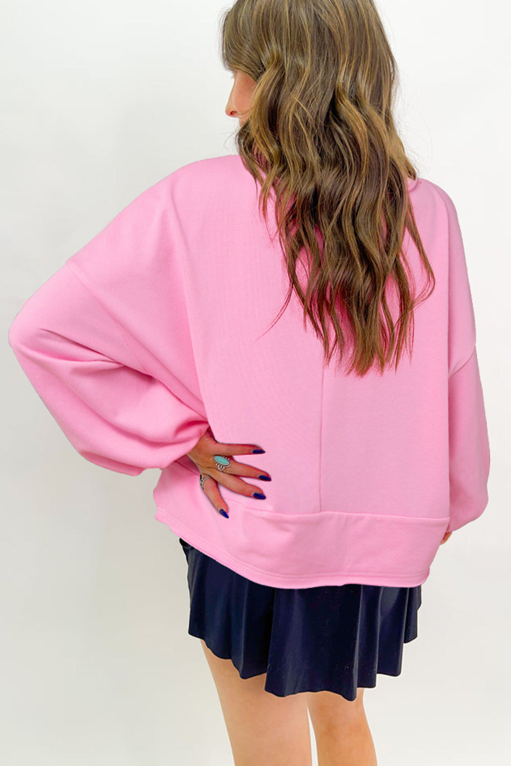 Sachet Pink Solid Color Buttoned Neckline Loose Sweatshirt Sweatshirts & Hoodies JT's Designer Fashion