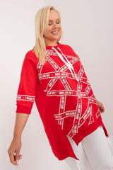 Chic Asymmetrical Plus Size Blouse – Rhinestone Detail, 3/4 Sleeves & Effortless Elegance red EU one-size-fits-all | US one-size Blouses & Shirts JT's Designer Fashion