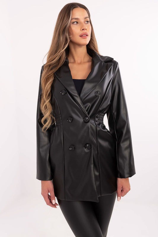 Women's Double-Breasted Blazer Leather Jacket with Wide Lapels & Feminine Fit black Coats & Jackets JT's Designer Fashion