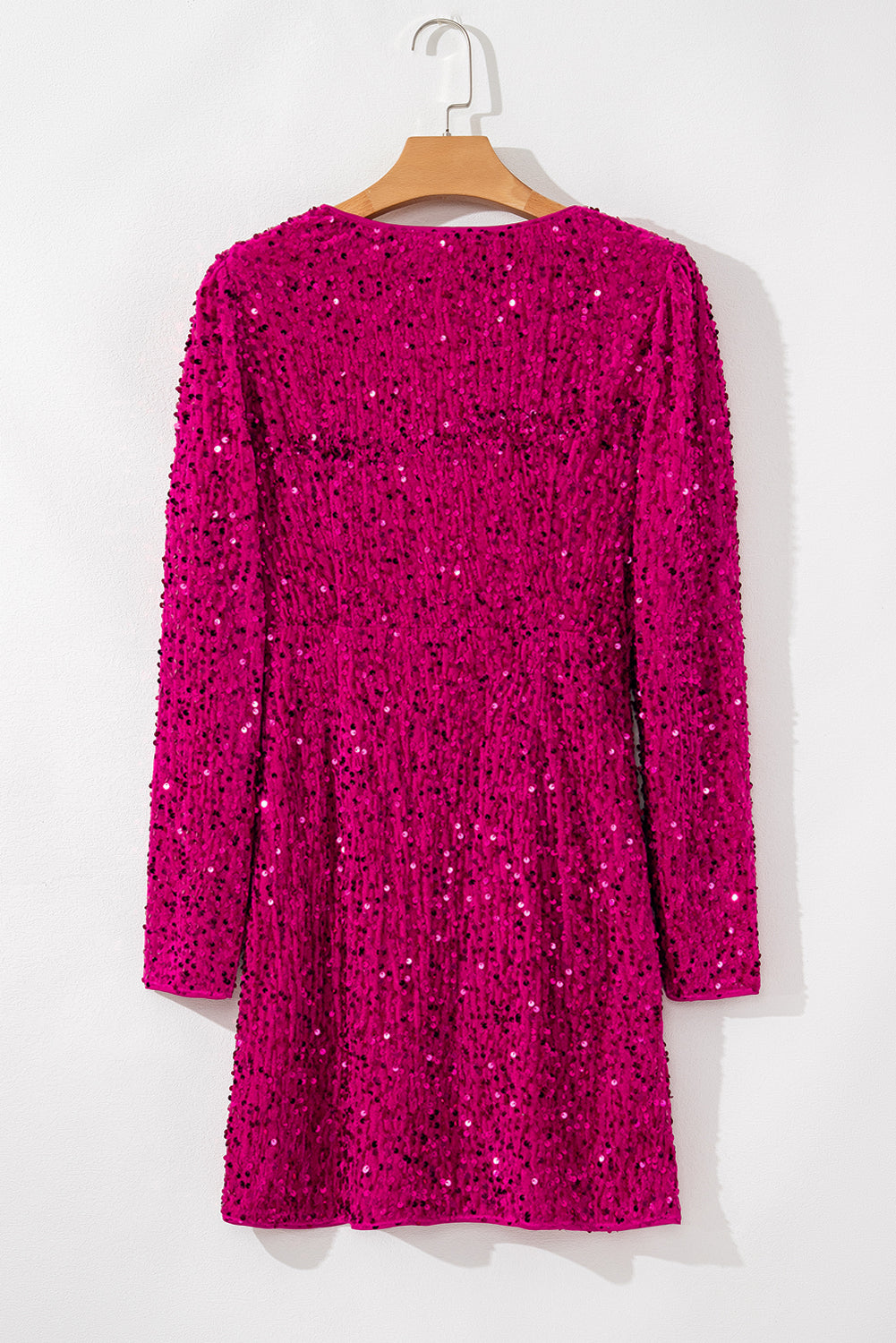 Pitaya Pink Velvet Sequin Long Sleeve V Neck Wrapped Mini Dress Sequin Dresses JT's Designer Fashion