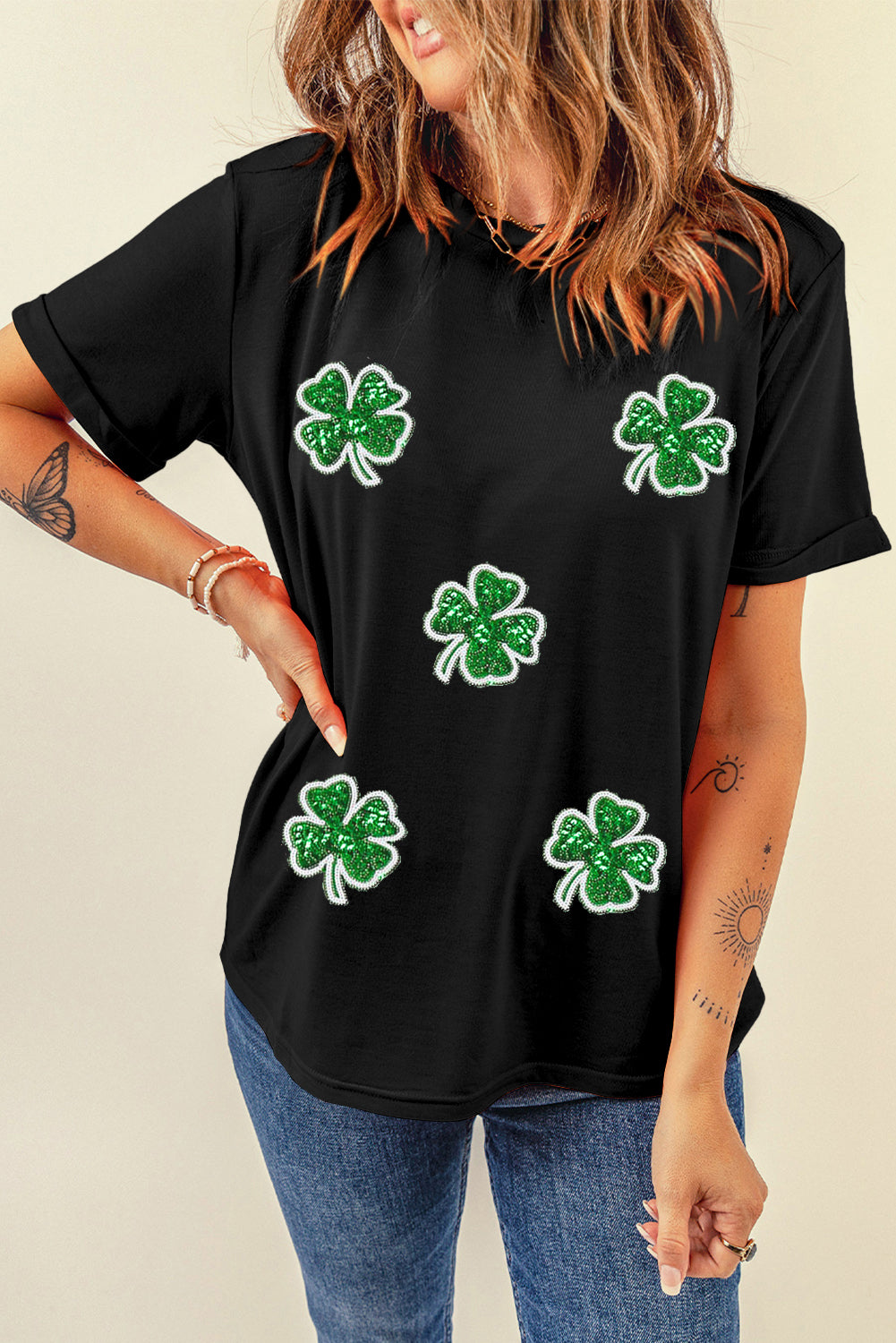 Black Four Leaf Clover Graphic St. Patricks Crewneck Tee Graphic Tees JT's Designer Fashion