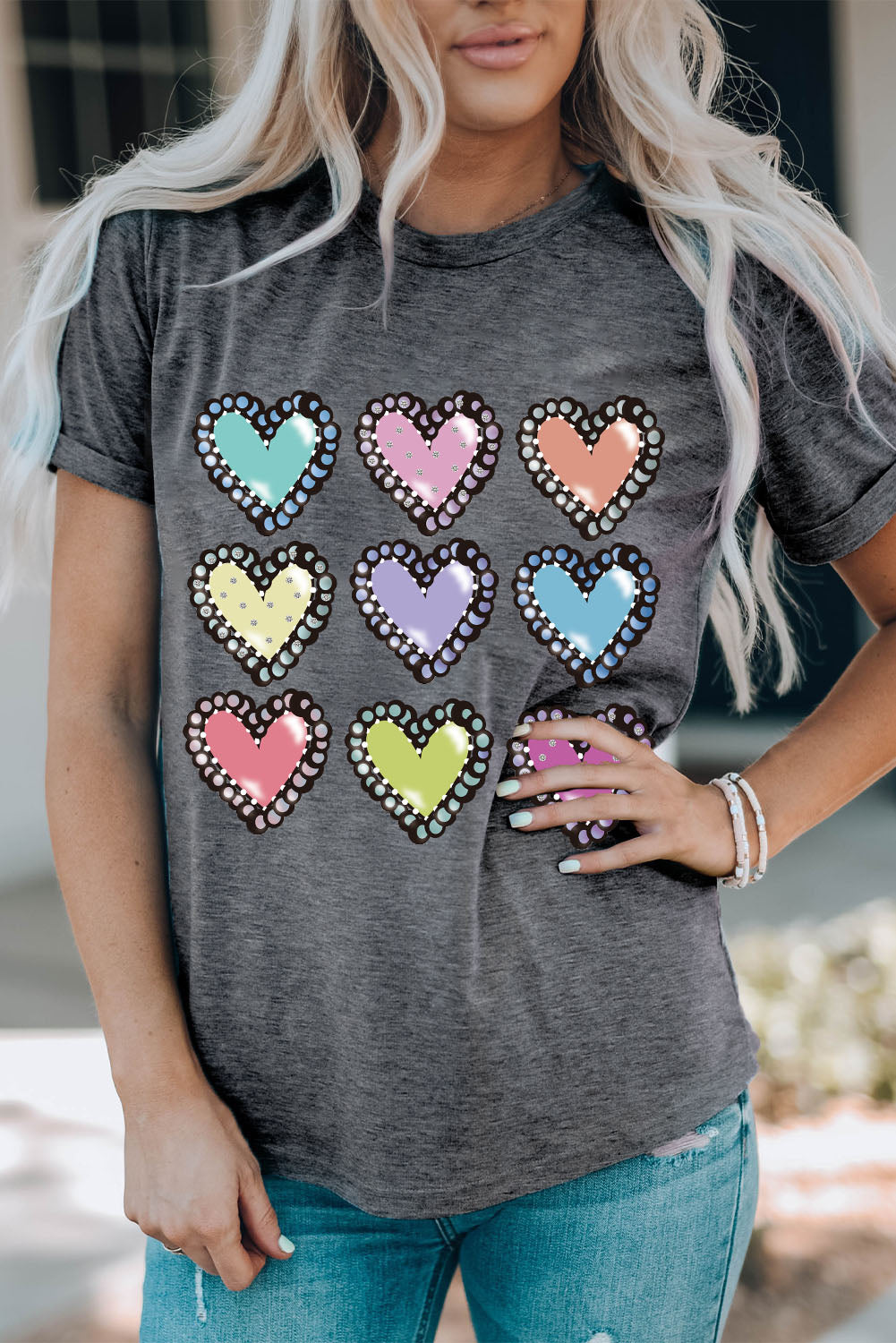 Gray Colorful Heart Shaped Print Crew Neck Casual Tee Graphic Tees JT's Designer Fashion