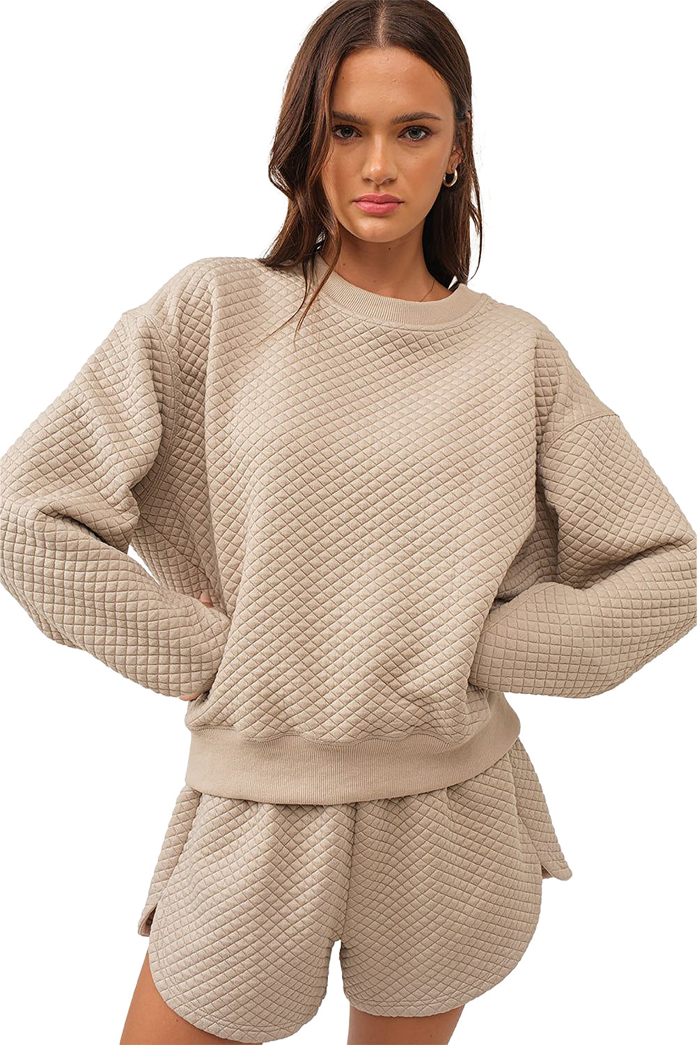 Parchment Solid Color Quilted Long Sleeve Top and Shorts Set Short Sets JT's Designer Fashion