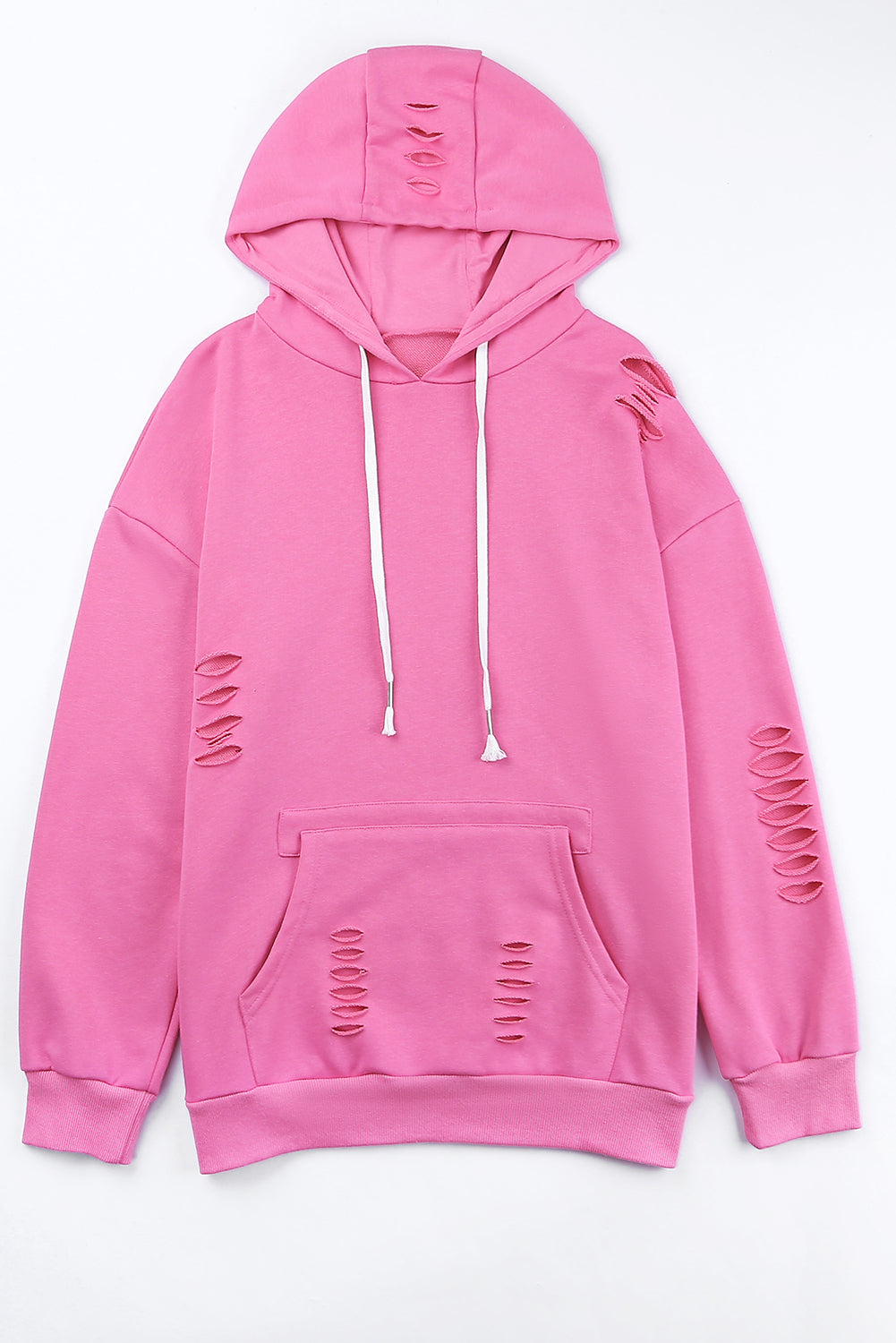 Pink Solid Ripped Hooded Sweatshirt with Kangaroo Pocket Sweatshirts & Hoodies JT's Designer Fashion