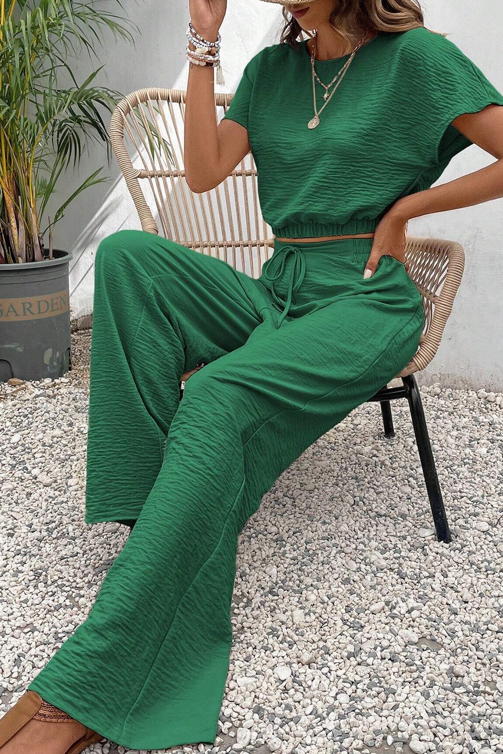 Dark Green Crinkled Elastic Hem Crop Tee and Wide Leg Pants Set Bottoms JT's Designer Fashion