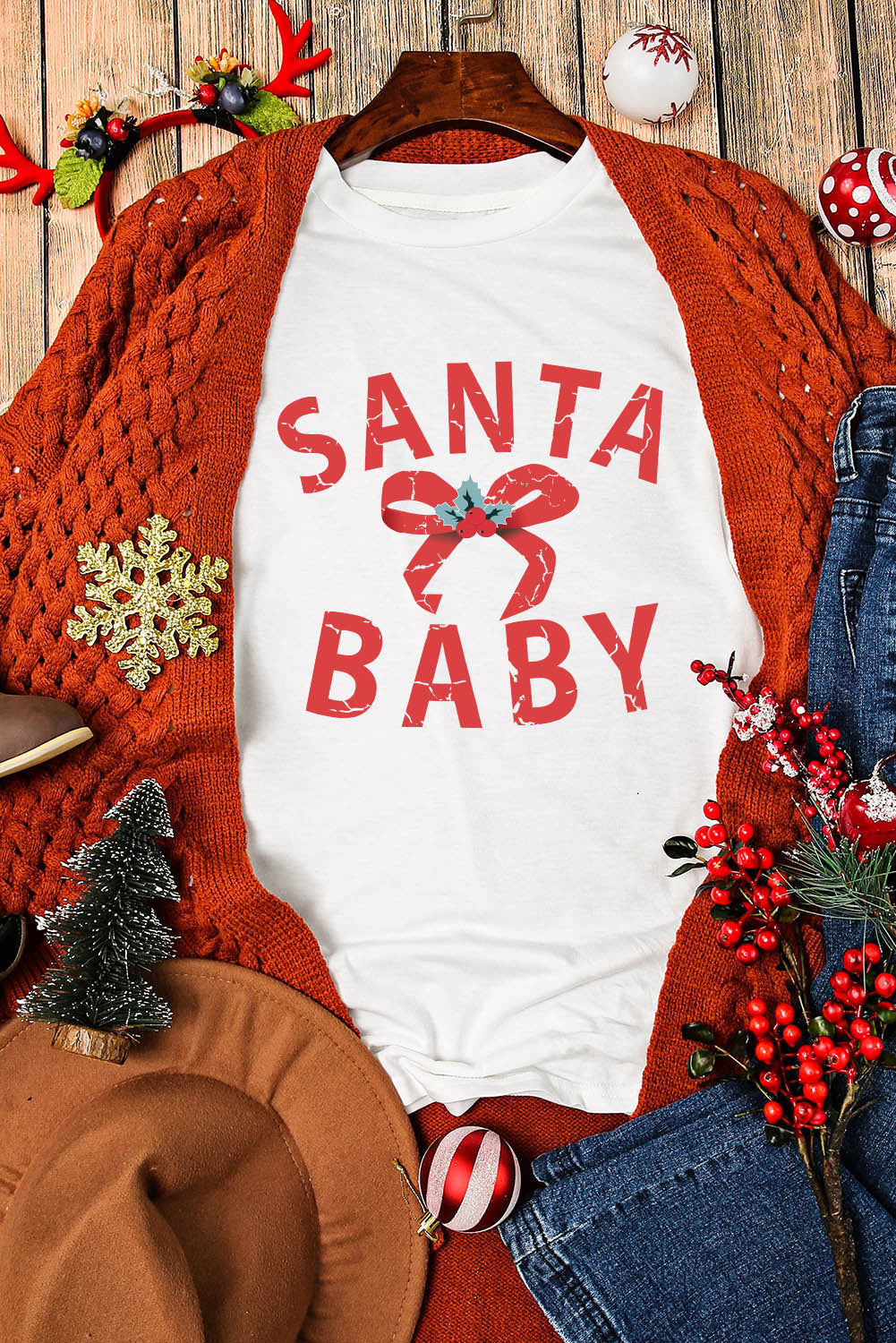 White SANTA BABY Gift Bow Graphic Tee Graphic Tees JT's Designer Fashion