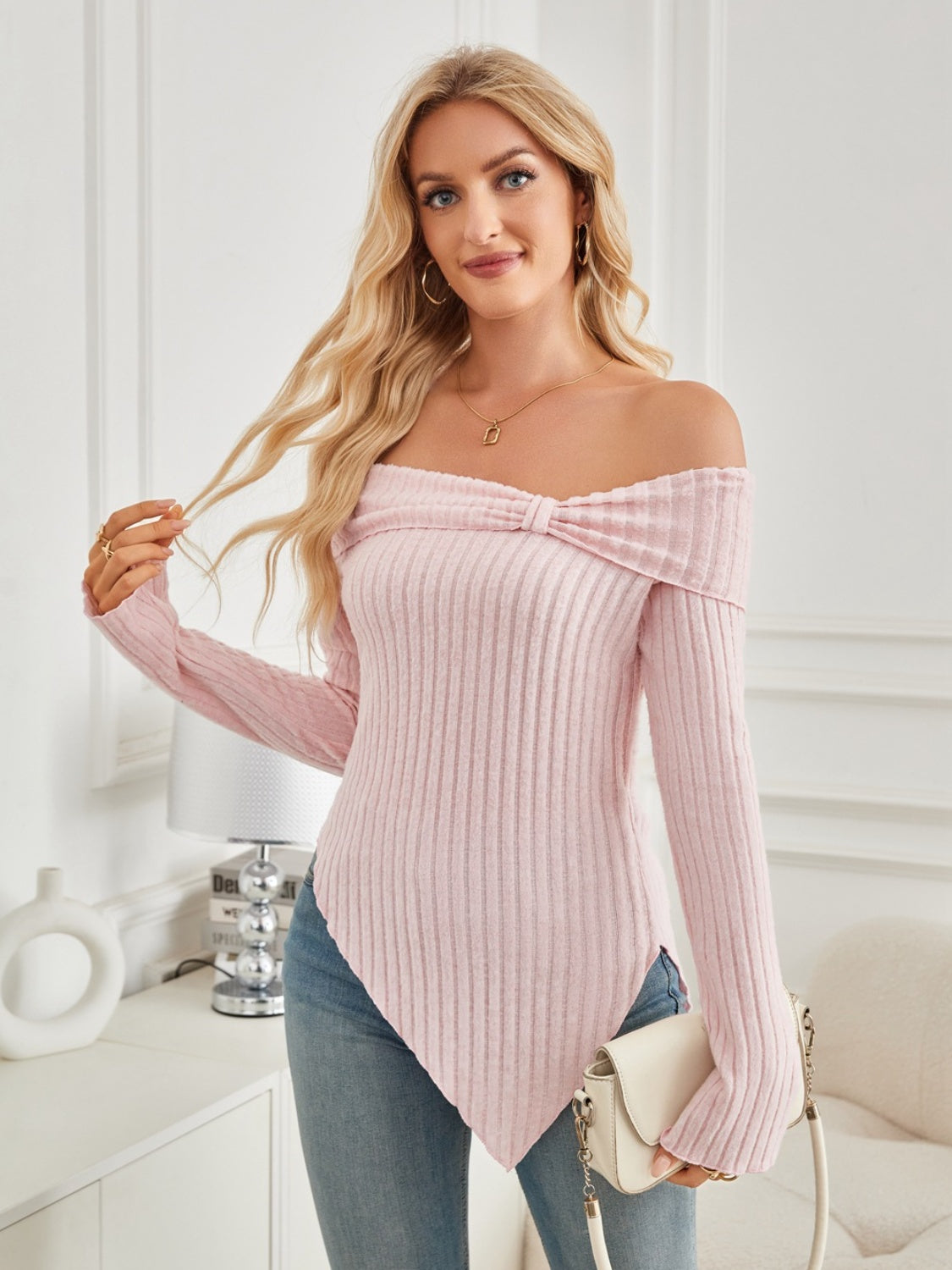 Asymmetrical Hem Off-Shoulder Long Sleeve T-Shirt Long Sleeve Tops JT's Designer Fashion