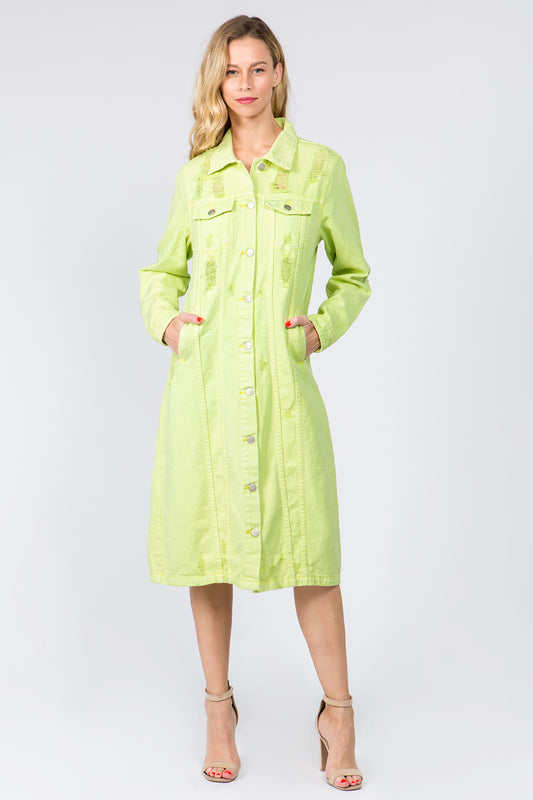 Button Up Distressed Denim Dress Lime Midi Dresses JT's Designer Fashion