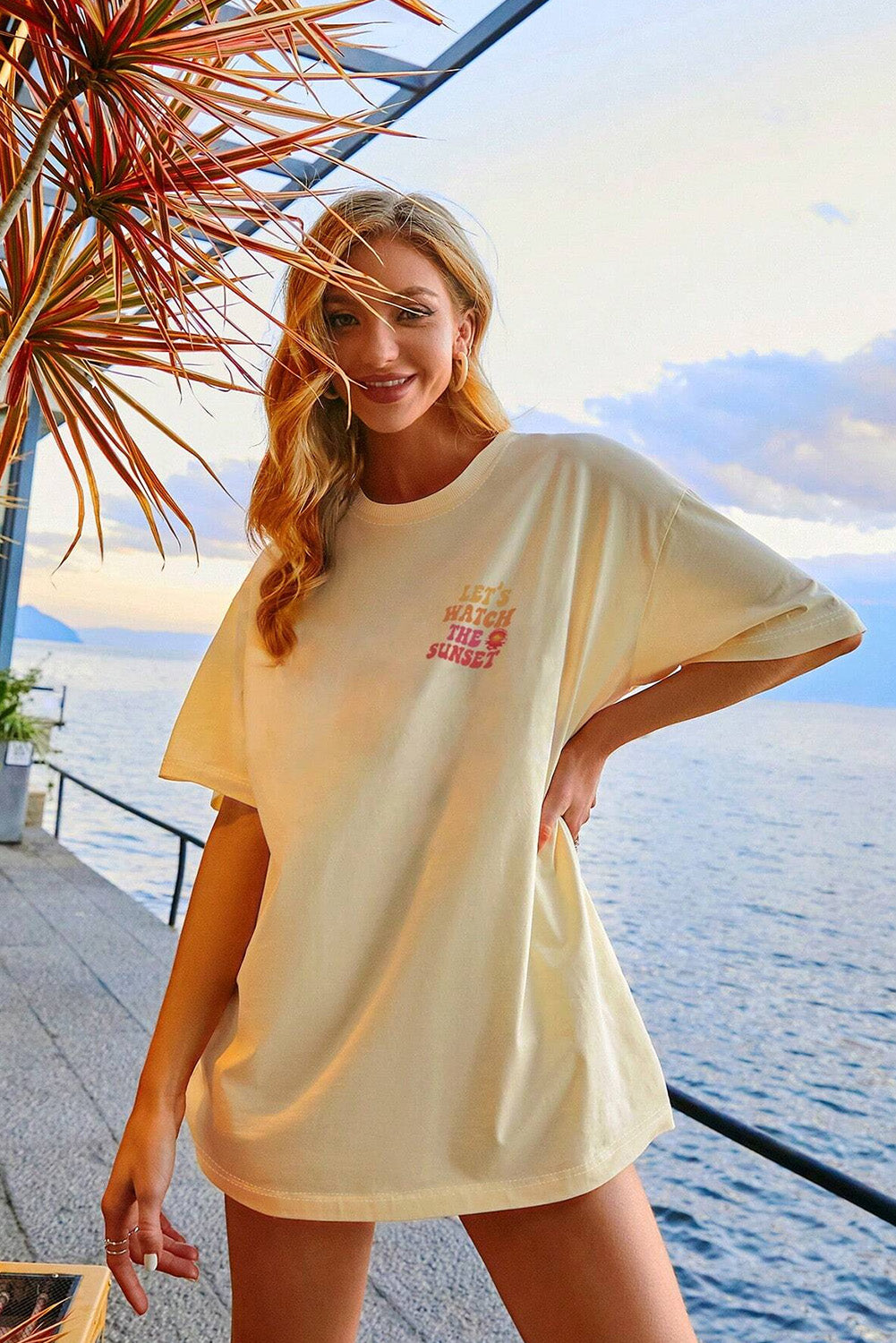 Yellow Cream Back LET'S WATCH THE SUNSET Print Half Sleeve Tee Tops & Tees JT's Designer Fashion