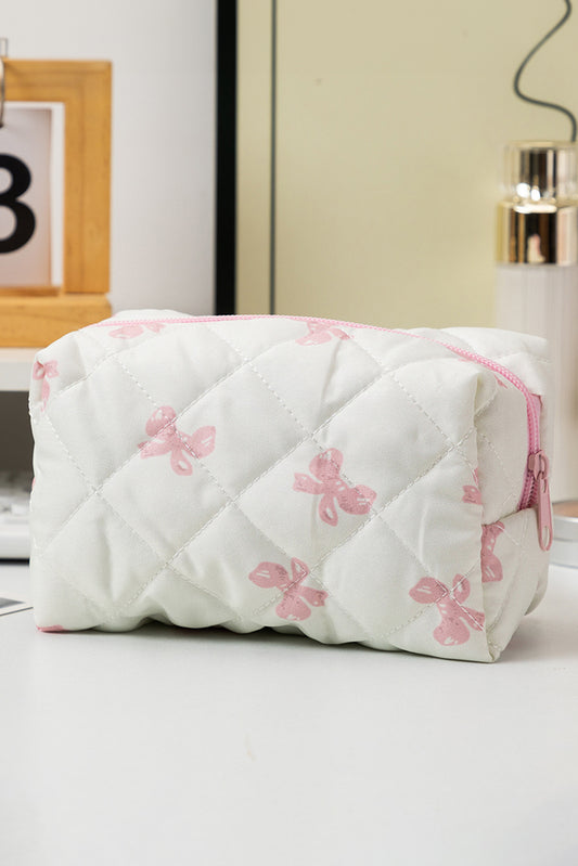 White Sweet Bow Knot Print Quilted Zipper Cosmetic Bag Makeup Bags JT's Designer Fashion