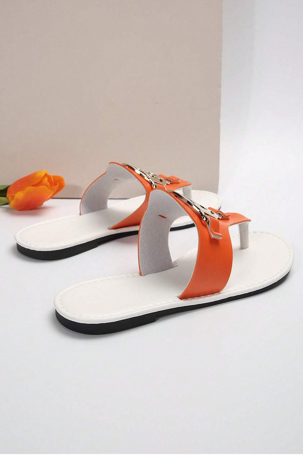 Grapefruit Orange Metal Décor Leather Thong Slippers Slippers JT's Designer Fashion