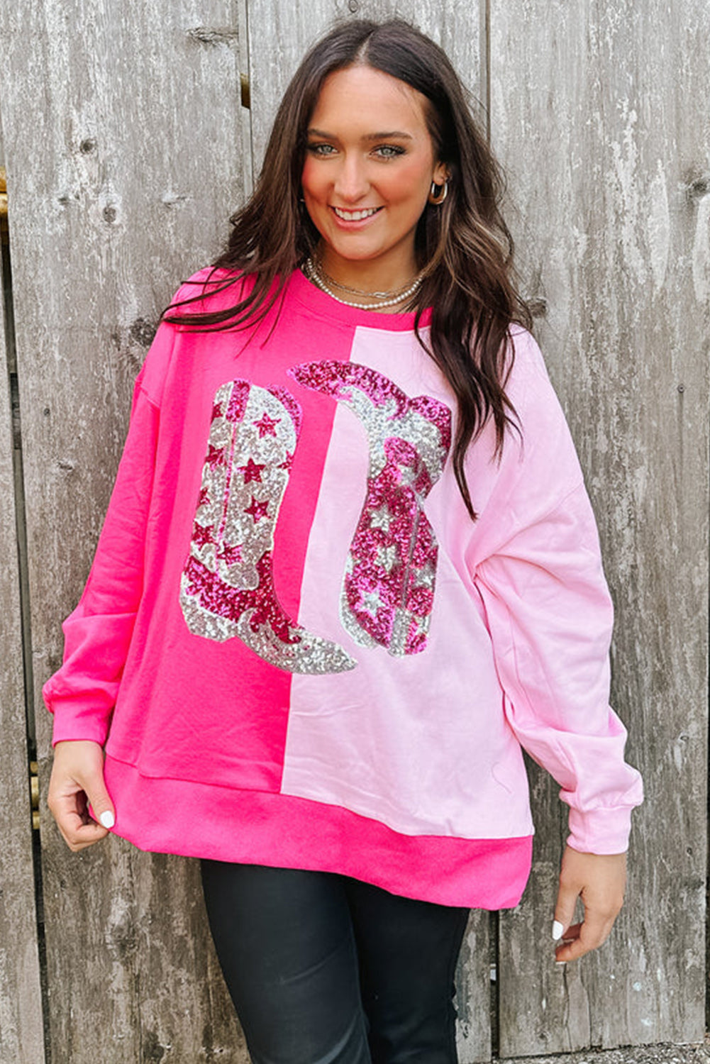 Pink Color Block Sequined Cowgirl Boots Graphic Sweatshirt Sweatshirts & Hoodies JT's Designer Fashion