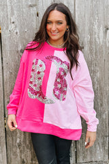 Pink Color Block Sequined Cowgirl Boots Graphic Sweatshirt Sweatshirts & Hoodies JT's Designer Fashion