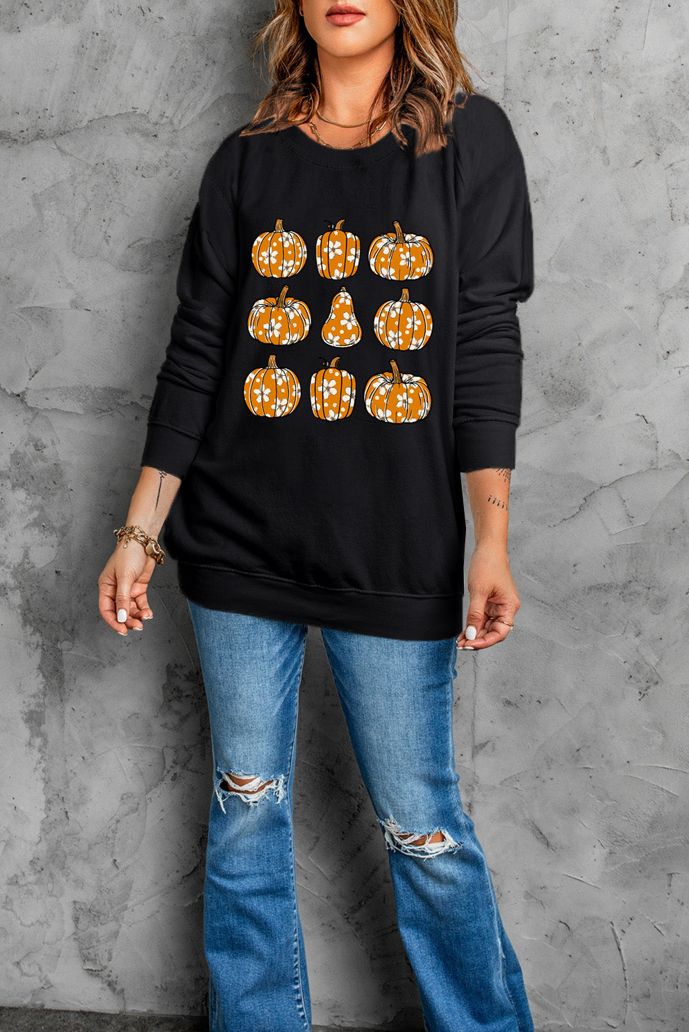 Black Floral Pumpkin Graphic Round Neck Halloween Sweatshirt Graphic Sweatshirts JT's Designer Fashion