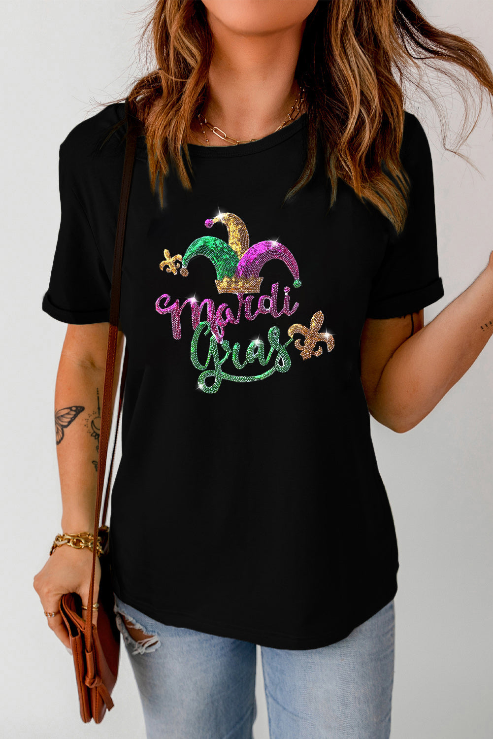 Black Mardi Gras Sequin Pattern Crew Neck T Shirt Graphic Tees JT's Designer Fashion