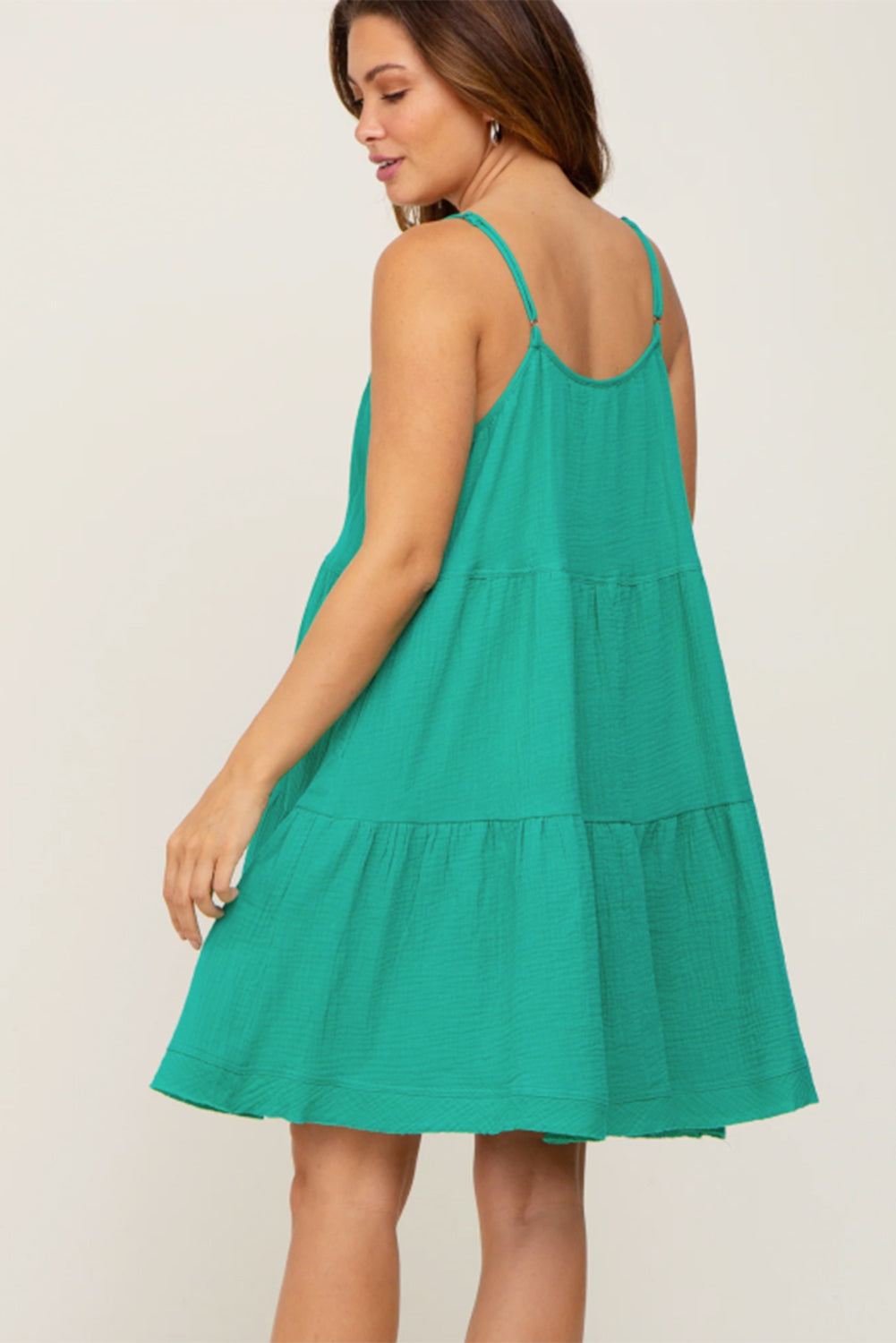 Sea Green Textured Buttoned Thin Strap Tiered Loose Fit Mini Dress Mini Dresses JT's Designer Fashion