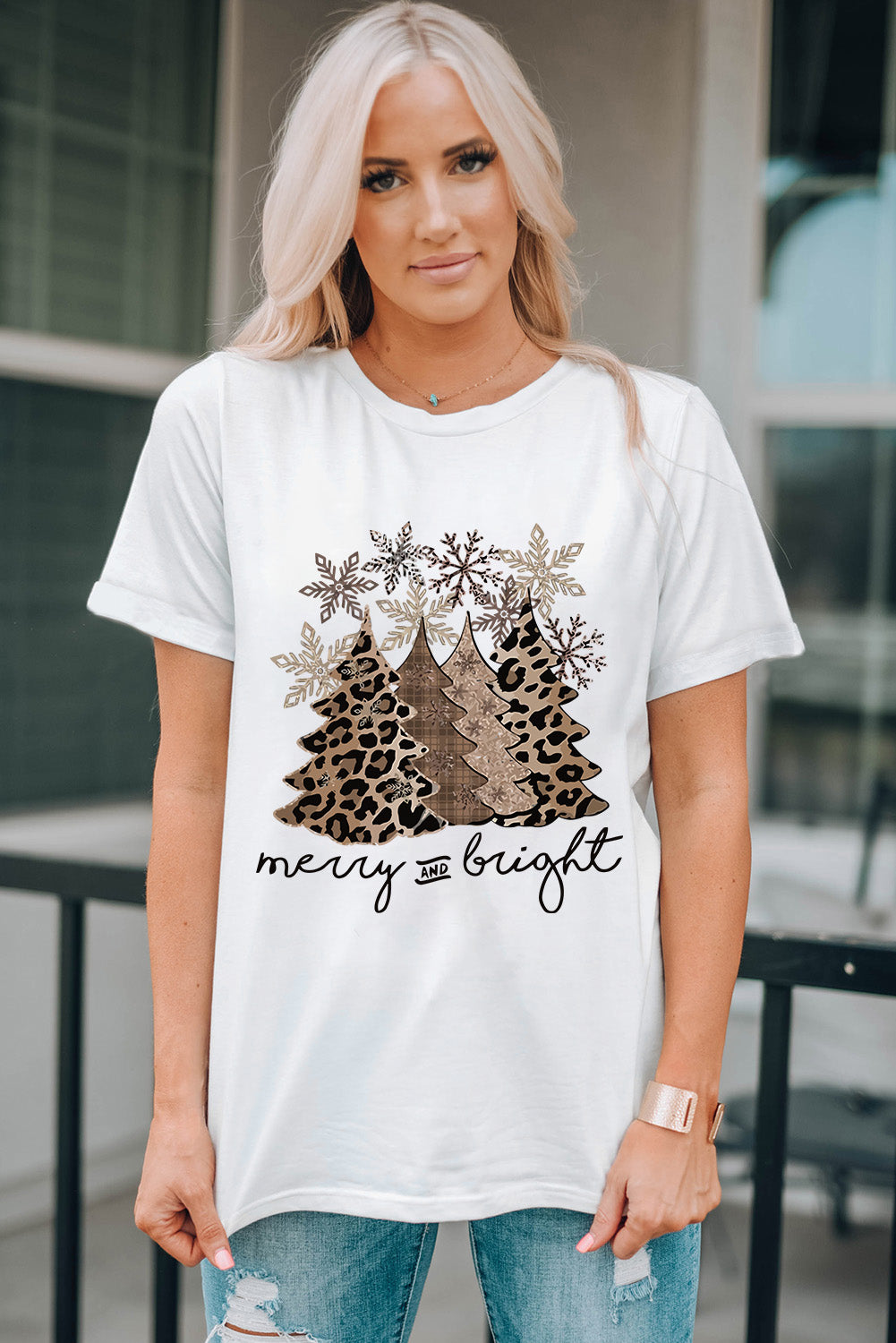 White Leopard Christmas Tree Graphic Crew Neck T Shirt Graphic Tees JT's Designer Fashion