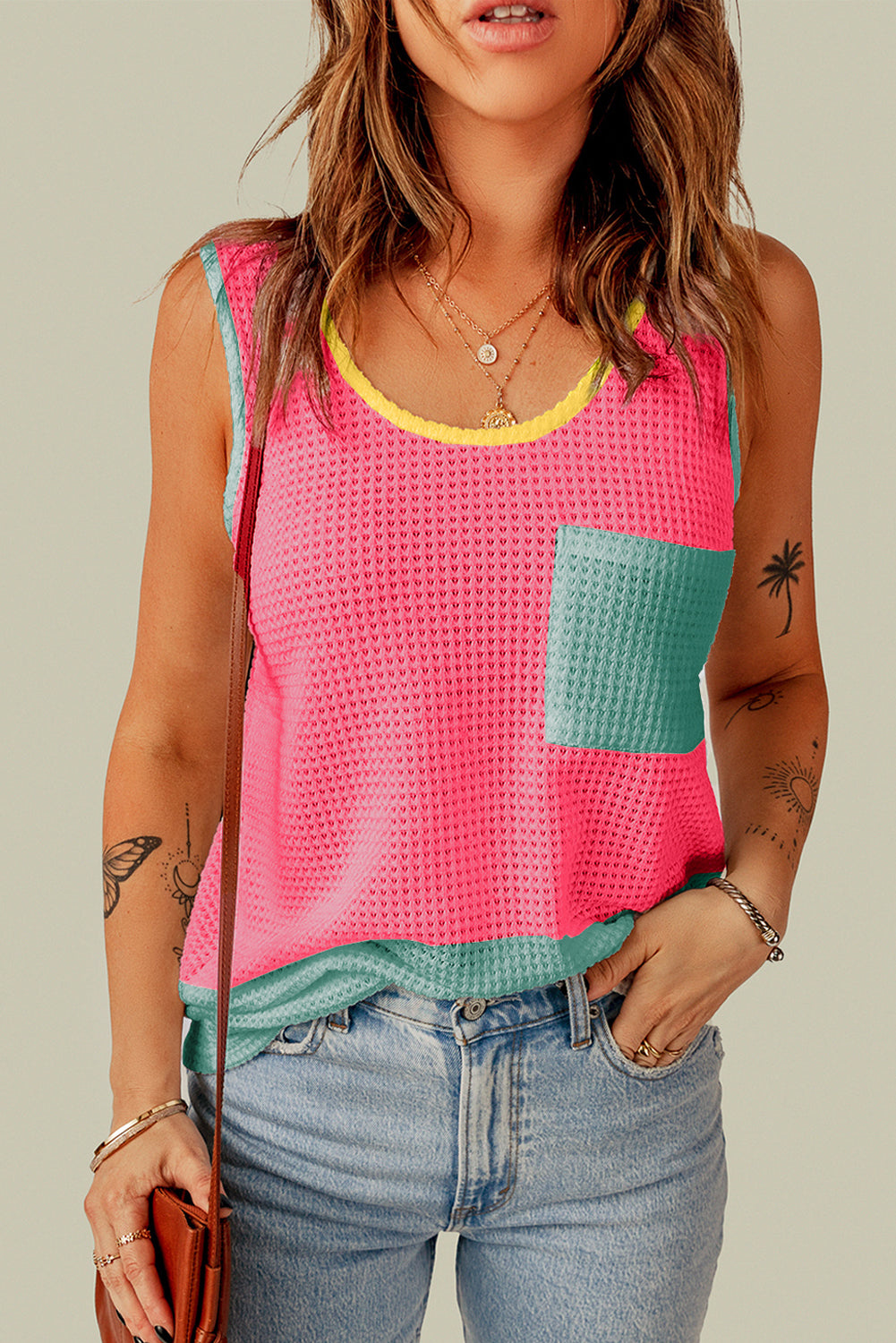 Strawberry Pink Color Block Patched Pocket Breathable Knit Tank Top Tops & Tees JT's Designer Fashion