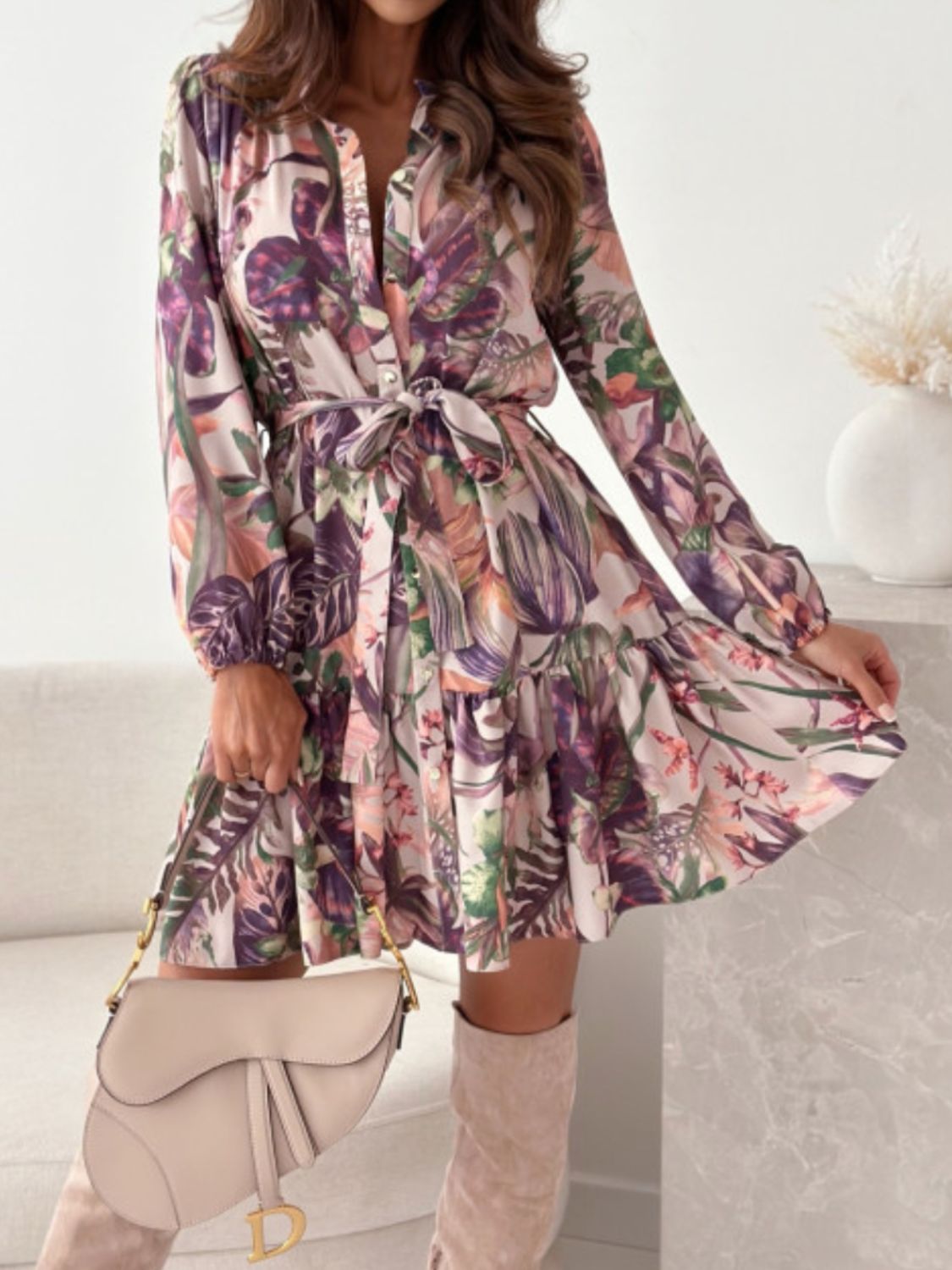 Ruffle Hem Floral Long Sleeve Dress Mini Dresses JT's Designer Fashion