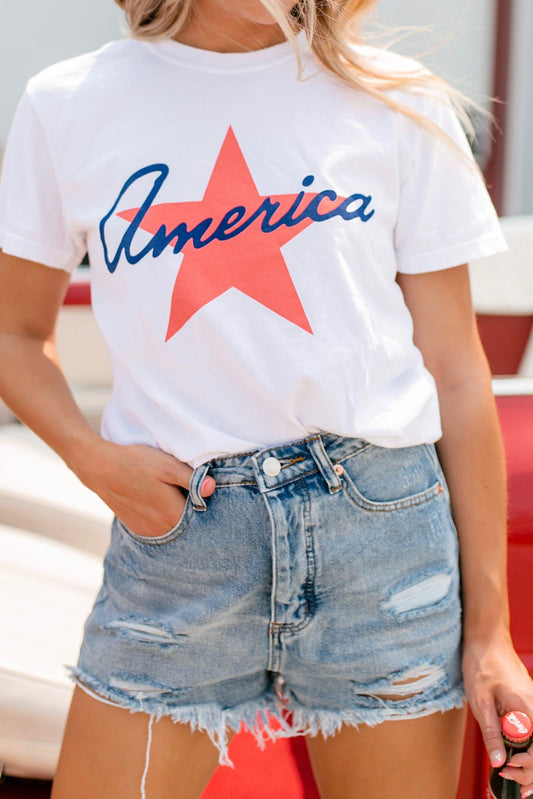 White America Star Shape Print O Neck Loose Fit T Shirt Graphic Tees JT's Designer Fashion