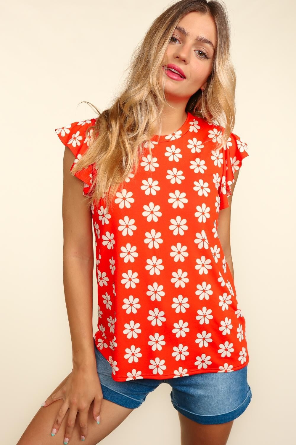 Haptics Round Neck Ruffled Floral Contrast Knit Top Blouses & Shirts JT's Designer Fashion