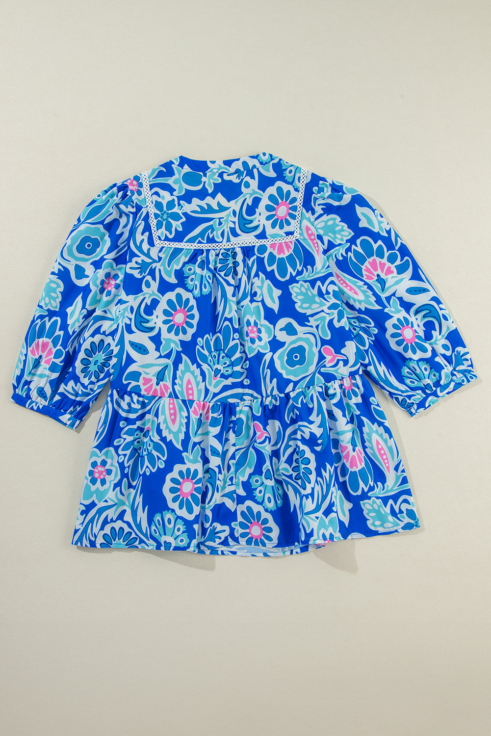 Blue Mix Floral Printed Lace Detail Bracelet Sleeve Blouse Blouses & Shirts JT's Designer Fashion