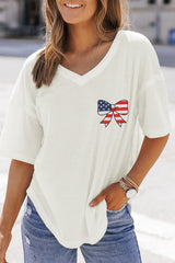 White Embroidered Stars Stripes Bowknot Logo Textured Knit T Shirt Graphic Tees JT's Designer Fashion